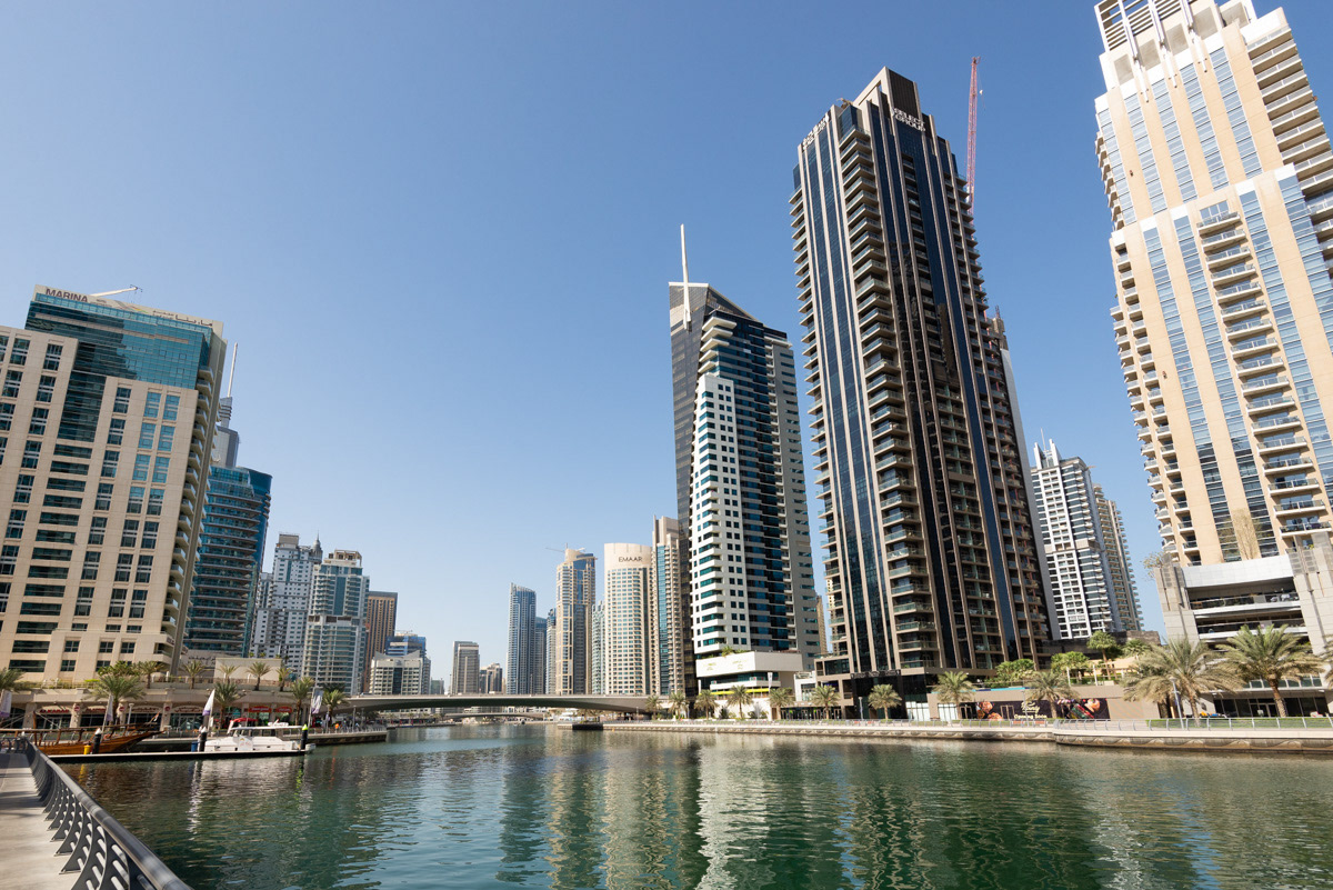 The Dubai Canal, a 2-mile long artificial canal, which was created out of the empty desert and carries sea water to/from the Persian Gulf.