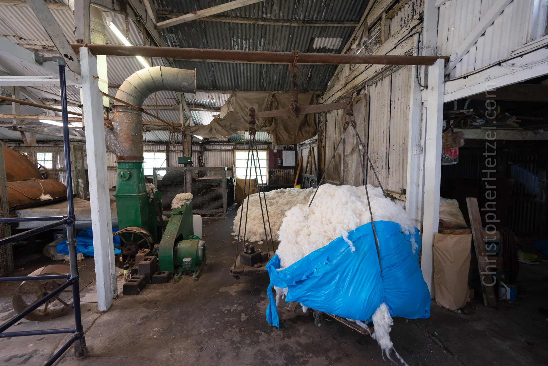 Blending - In the blending shed, the raw wool is blended, oild, and then passed through willowing machines, which open and mix the fibers.