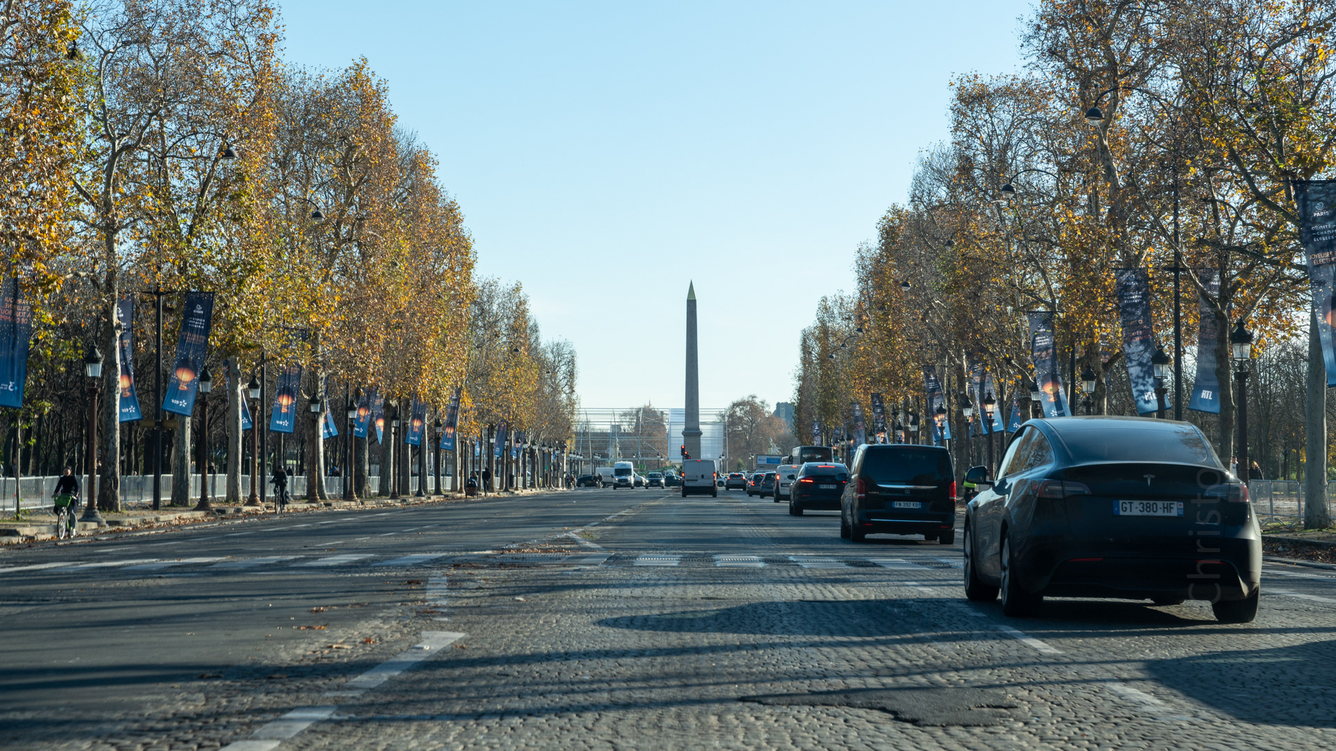 A view down the Avenue des Champs-Élysées towards the Place de la Concorde and the ancient Egyptian obelisk located there.