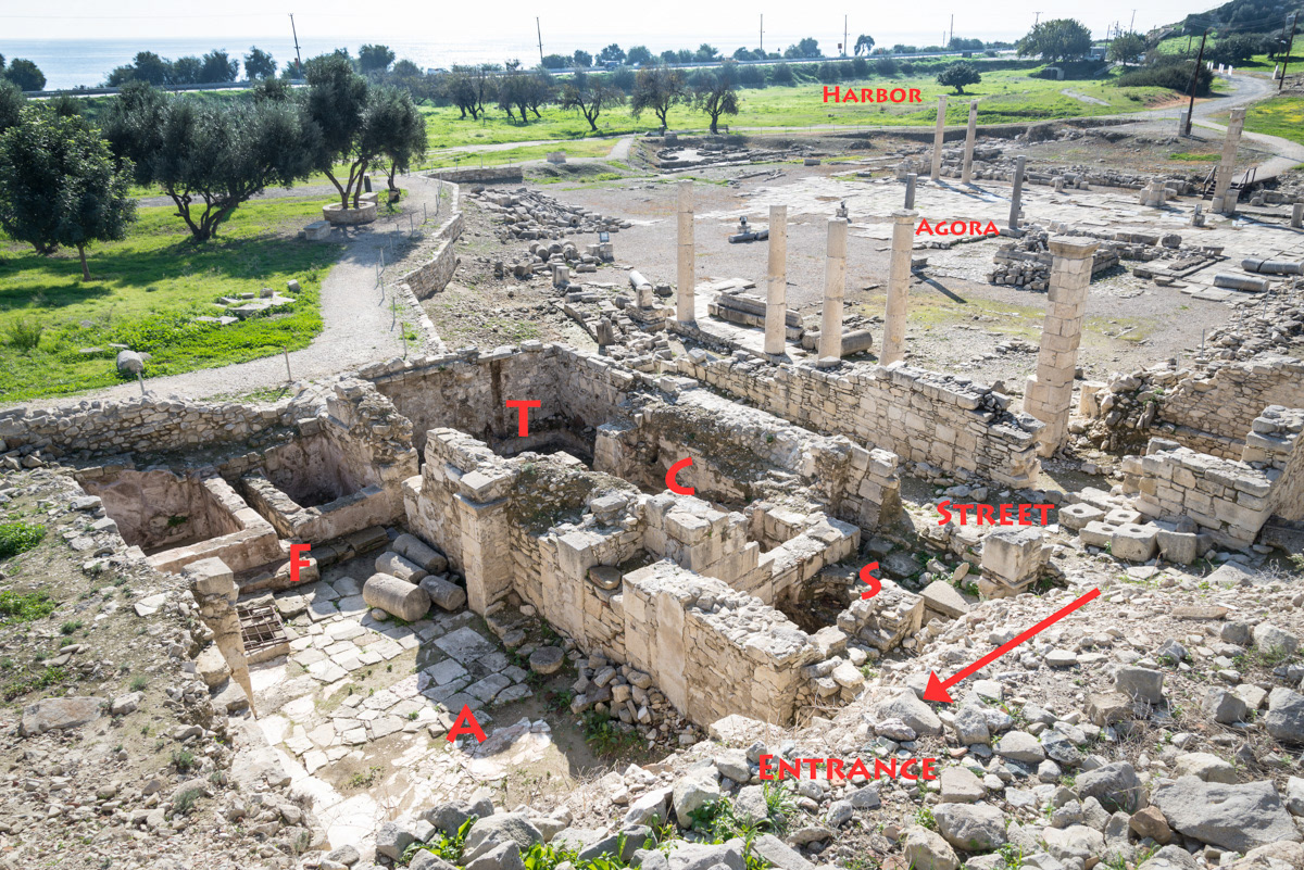 Overview photo of Roman Baths with Harbor and Agora in background, with each room keyed to the text.