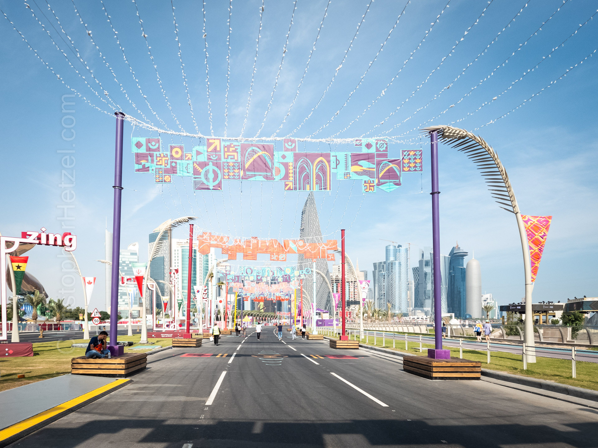 Several miles of the Corniche (Doha's waterfront) were closed off to vehicles and highly decorated with lights and Instagram-able moments. This was all lit up at night!