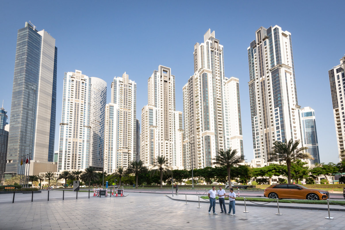Downtown Dubai's 'Business Bay' neighborhood, viewed from the entrance of the JW Marriott Marquis Hotel.