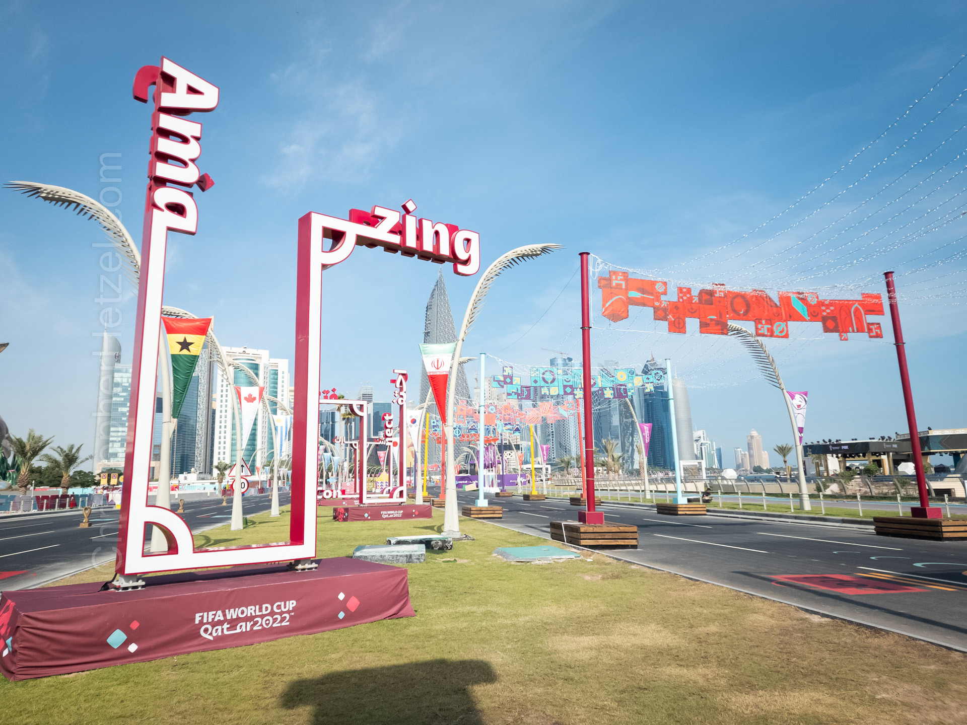 Several miles of the Corniche (Doha's waterfront) were closed off to vehicles and highly decorated with lights and Instagram-able moments. This was all lit up at night!