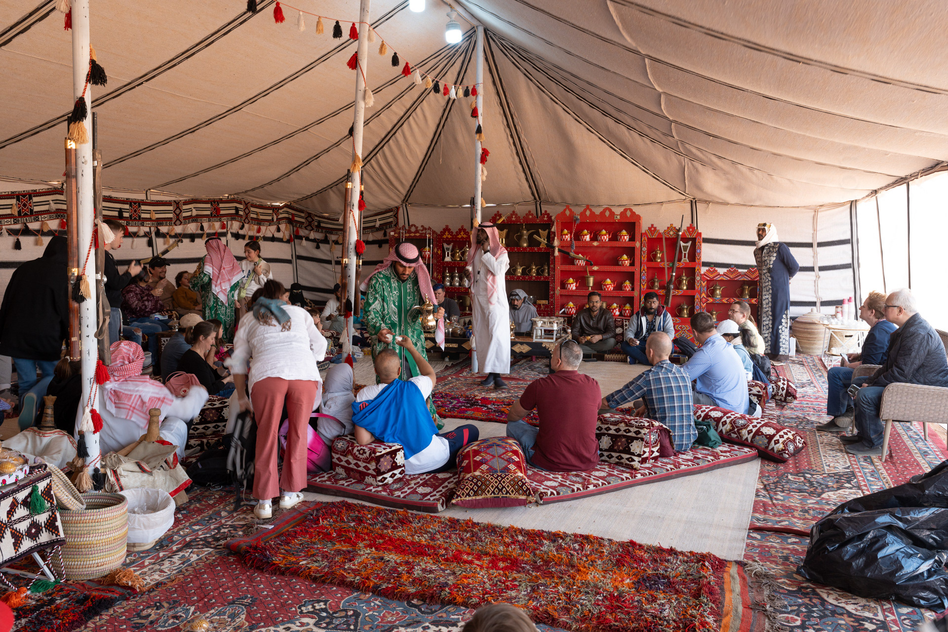 The hospitality tent, where they served us traditional Arabic coffee, dates, and sweet cakes, as is tradition. And also demonstrated how the coffee was made in a Bedouin setting, including the use of the coffee pot to signal that coffee was being made, when it was ready, and when to come get it - i.e., using the coffee pot as bell.