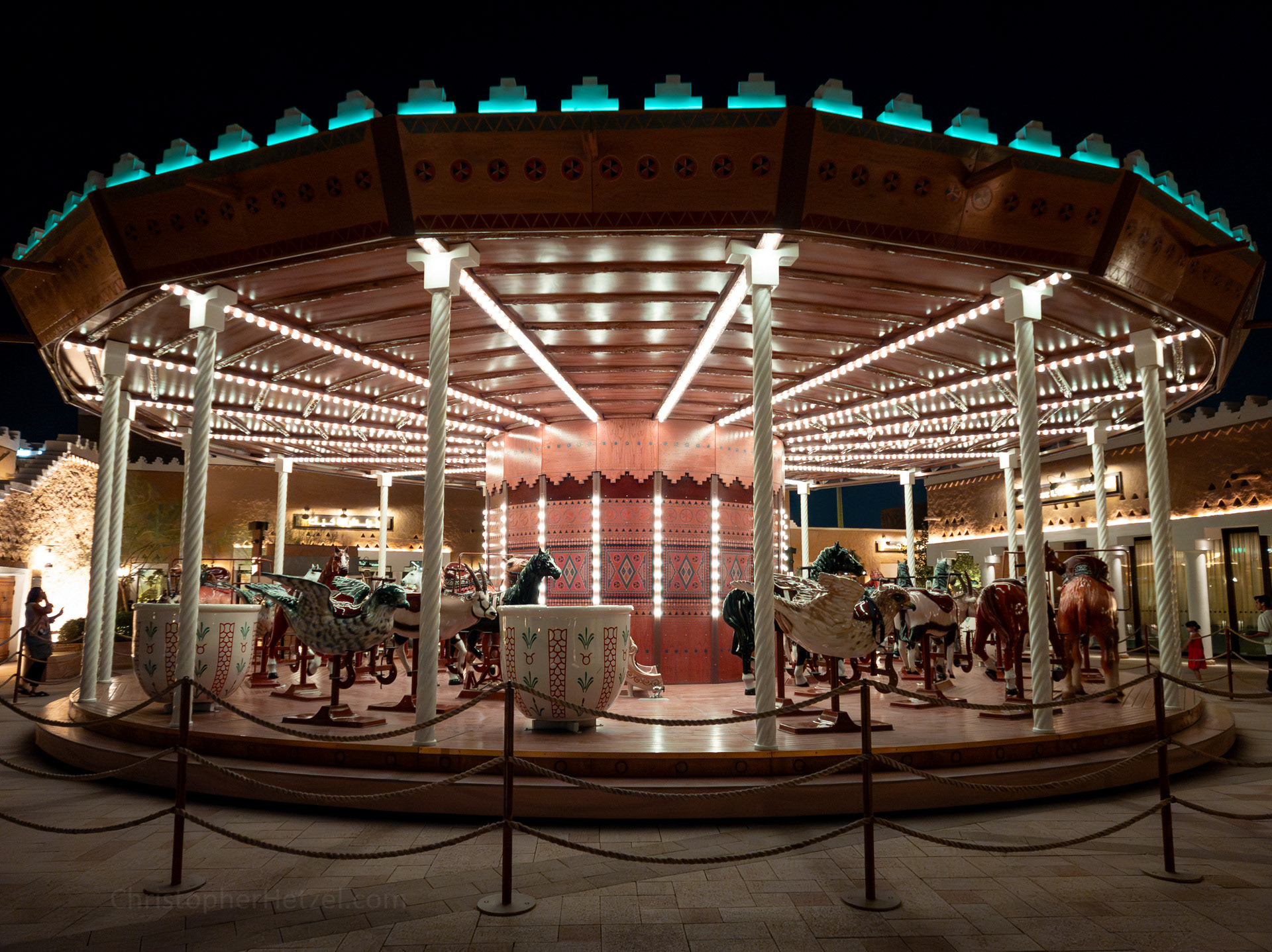 This merry-go-round has characteristic Arabian animals such as the oryx, falcon, and camel!