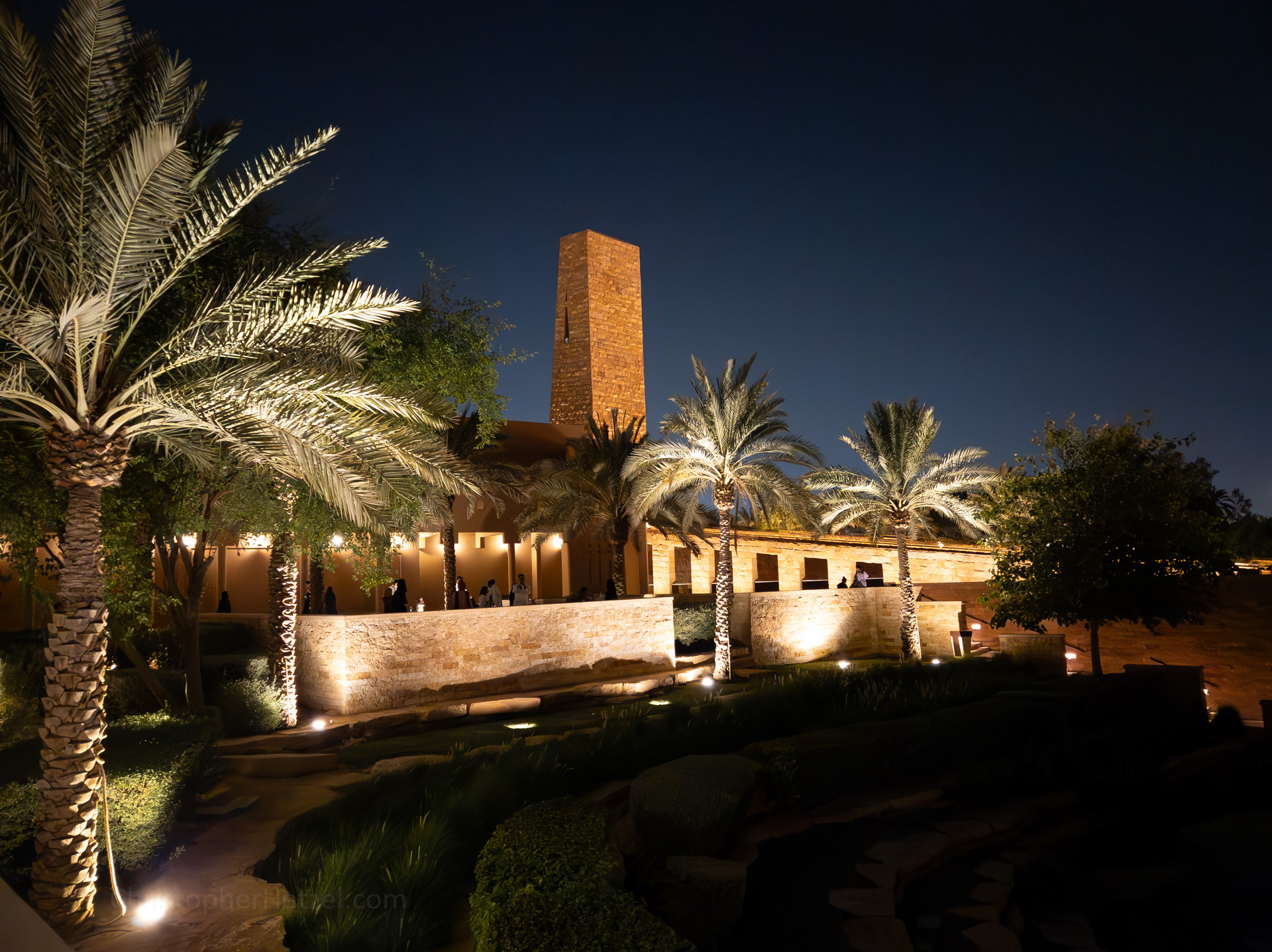 A view across the gardens to the Mosque of Mohammed bin Abdul Wahab and its modern style minaret.
