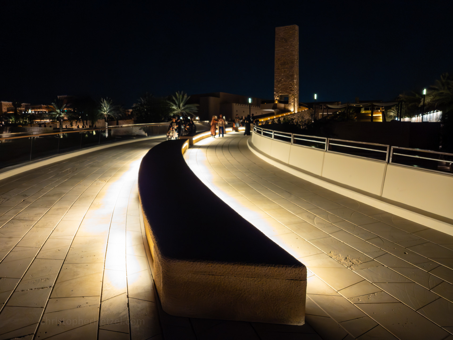 A pedestrian bridge has been built across the deep ravine of Wadi Hanifa to connect Bujairi Terrace with the ruins of At-Turaif. This is a view looking back towards the Mosque of Mohammed bin Abdul Wahab and its modern style minaret.