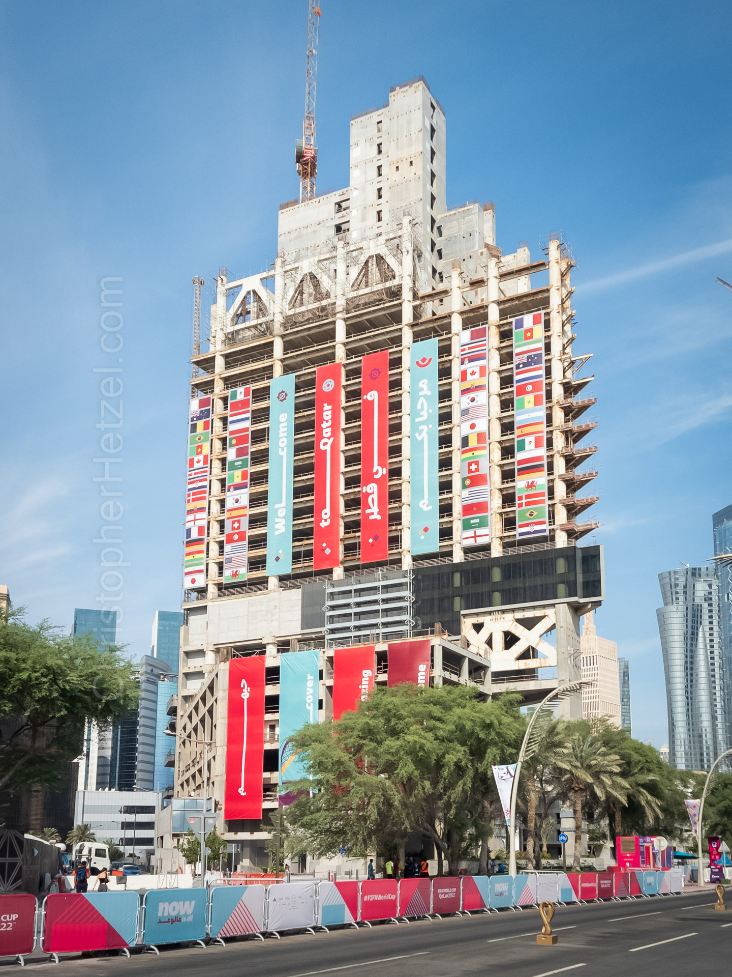 Much of Doha today was constructed in just the last 10 years, in anticipation of the World Cup. Many buildings (like this one) were are under construction. All were decorated for the tournament.