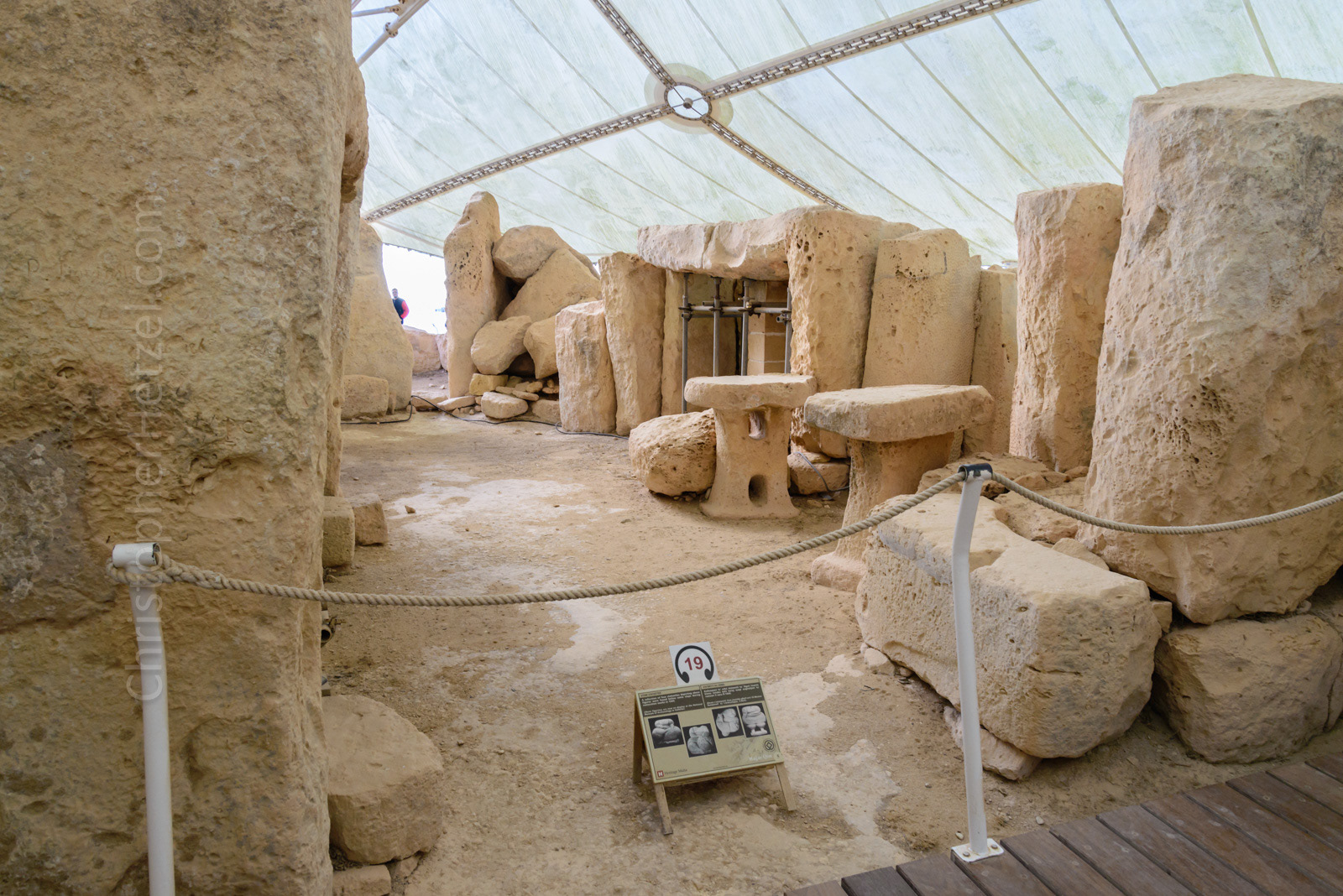 Astronomically aligned space in the temple at Ħaġar Qim. A collection of four obese, mother-goddess statuettes were found in this space during excavations in 1949.