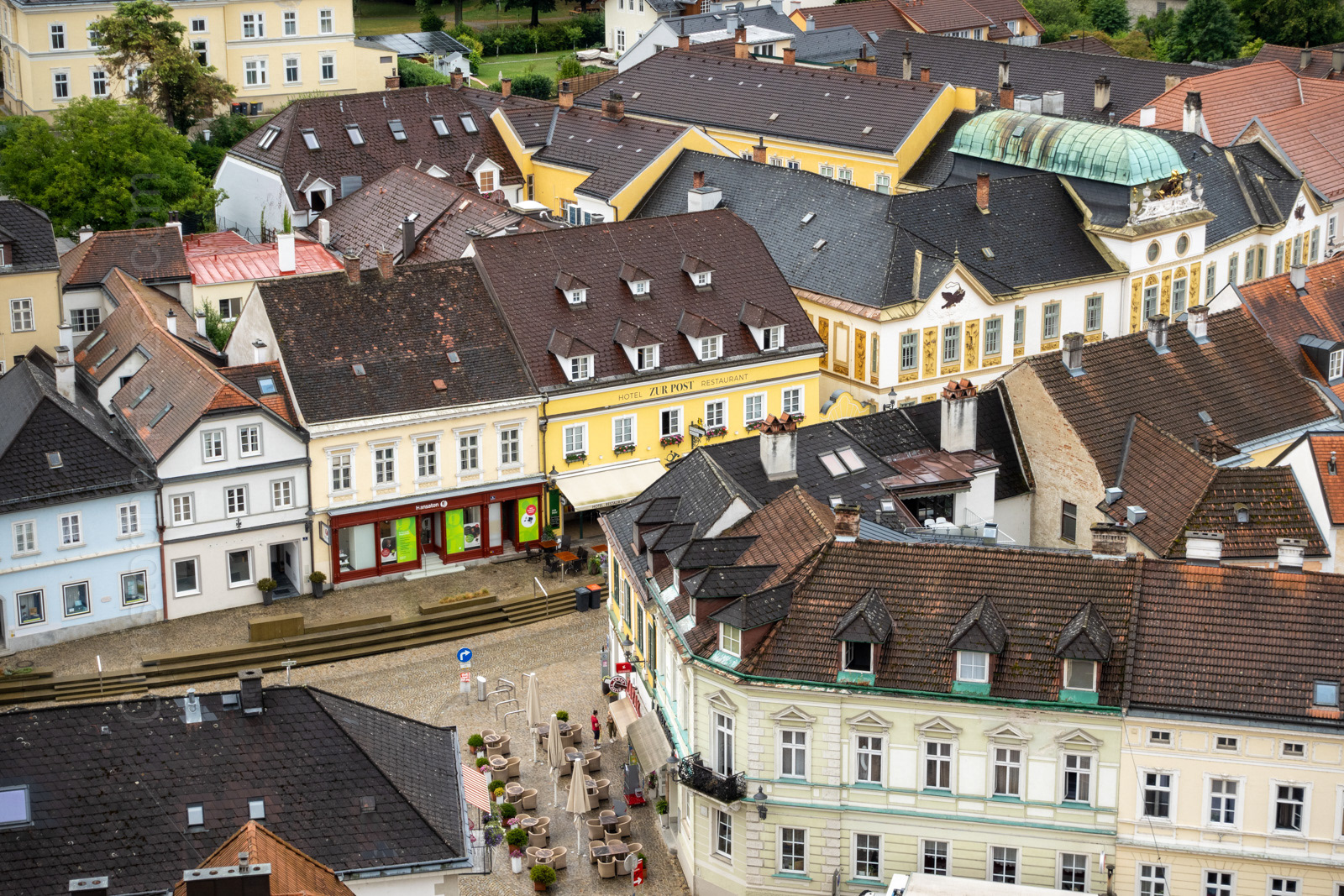 A view of Melk from the Melk Abbey, the yellow building in the center is where we stayed.