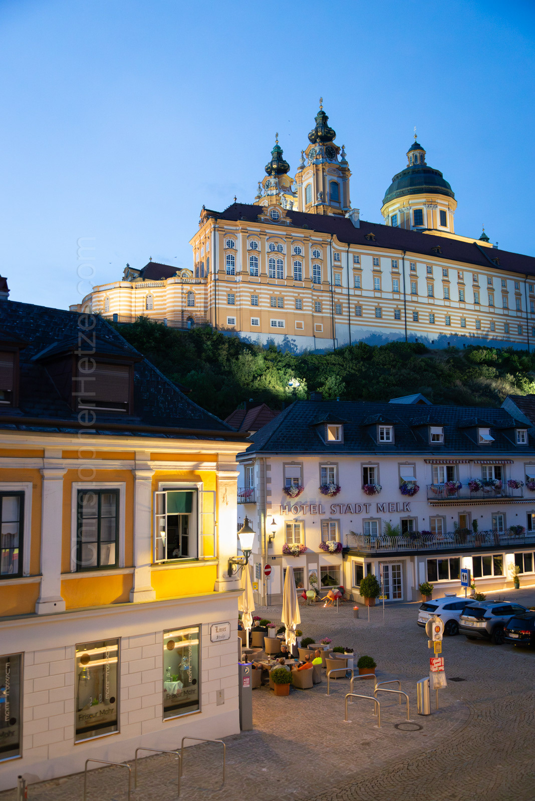 View of Melk Abbey at night.
