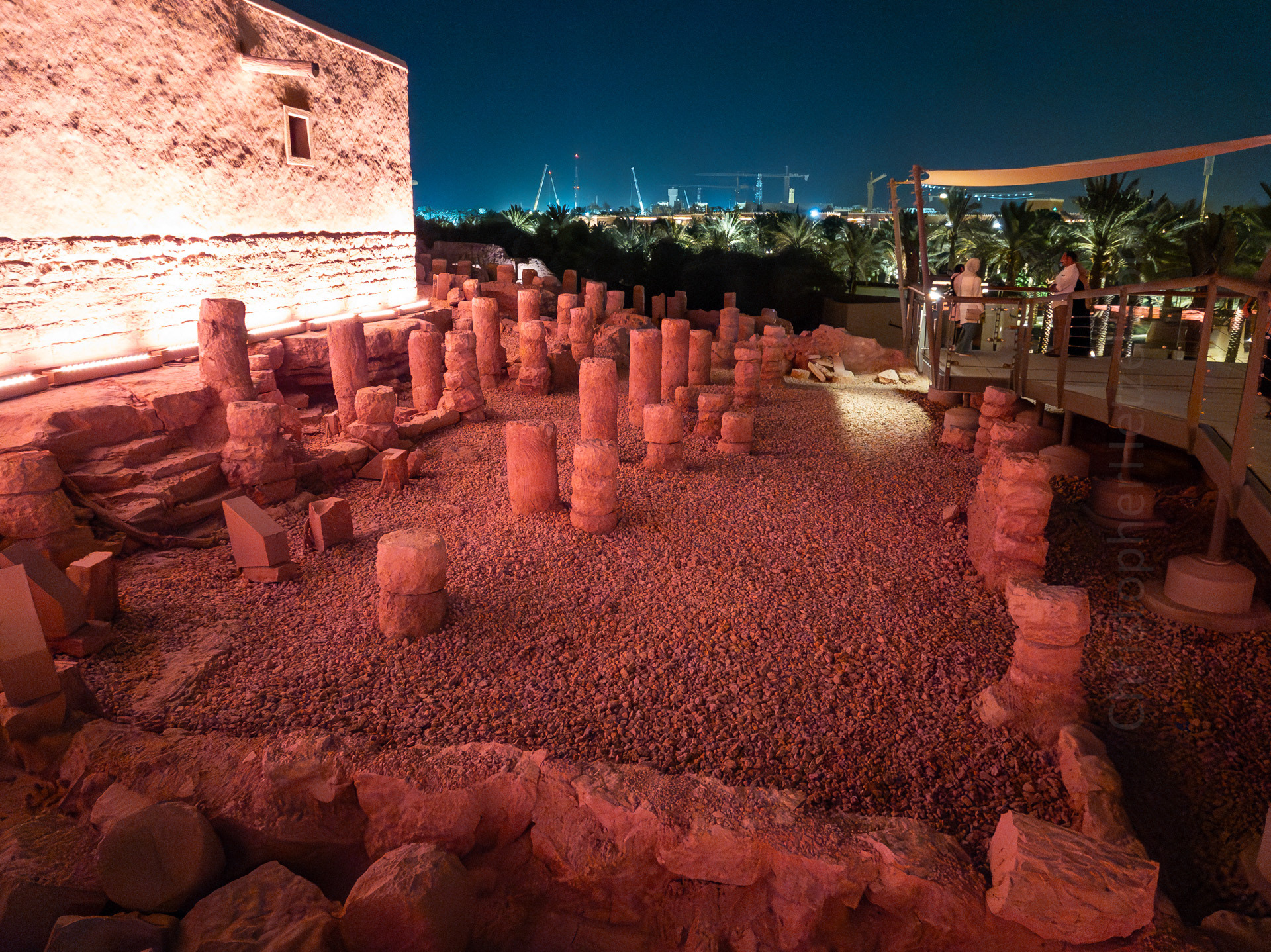 Overlooking the ruins of the At-Turaif Grand Mosque. A more recently built mosque (but still old) is to the left. The date palms of Wadi and the modern development of Riyadh are in the distance.