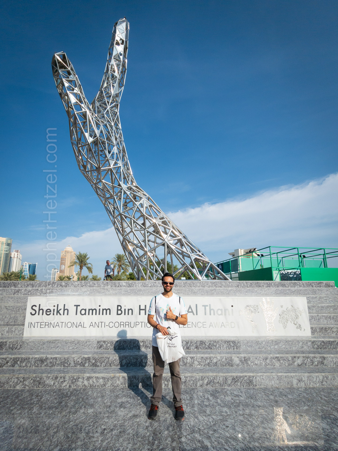 Public art commemorating Qatari Emir Sheikh Tamim bin Hamad Al Thani's Anti-Corruption Excellence award in 2022.