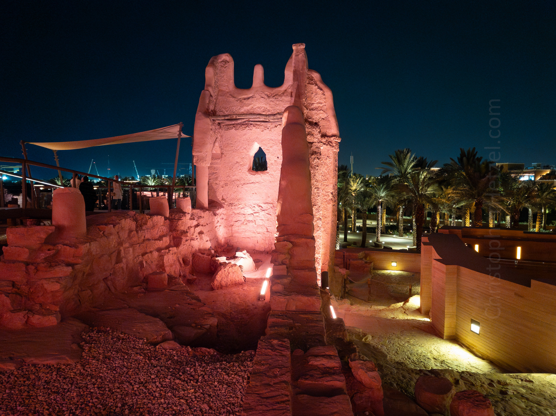 Overlooking the ruins of the At-Turaif Grand Mosque. The tower-like structure is the remains of the mosque's minaret.