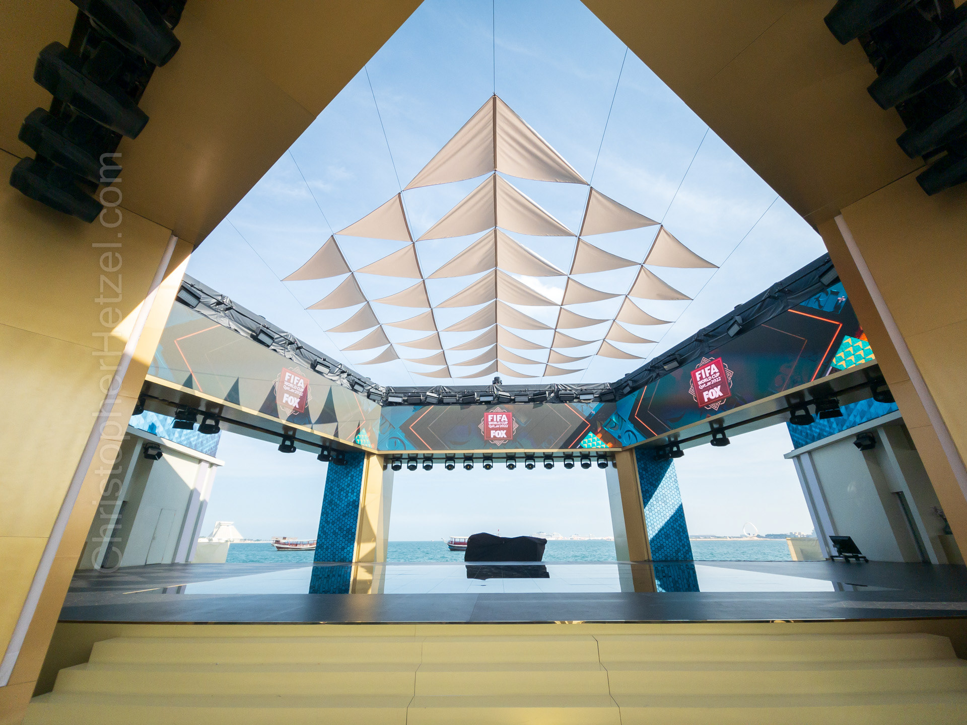 The Fox Sports studio on the Corniche in Doha. Anyone watching the U.S. broadcasts of the World Cup would see the Fox broadcasting team here at night.