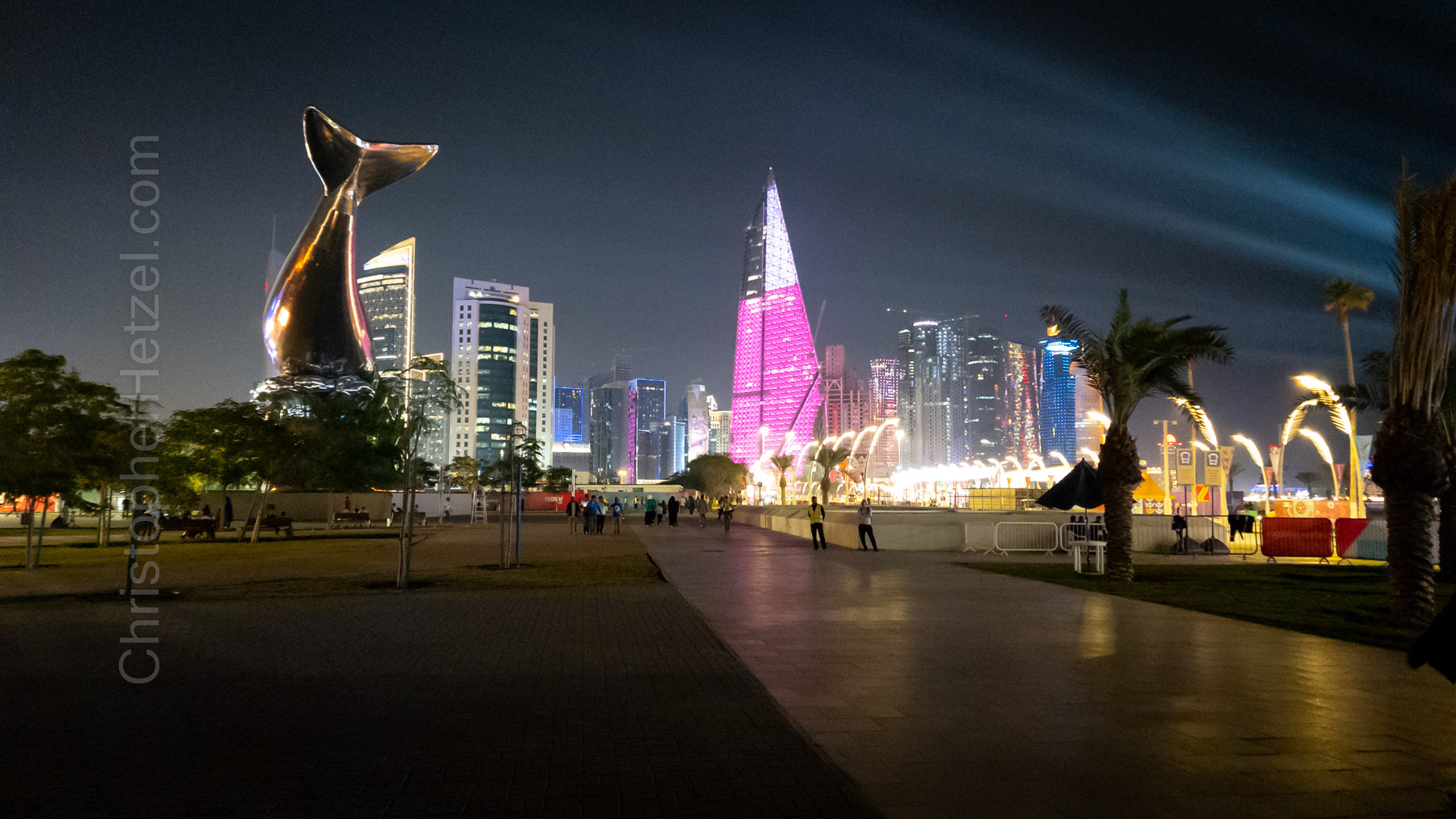 Downtown Doha at night. The building's changed colors.