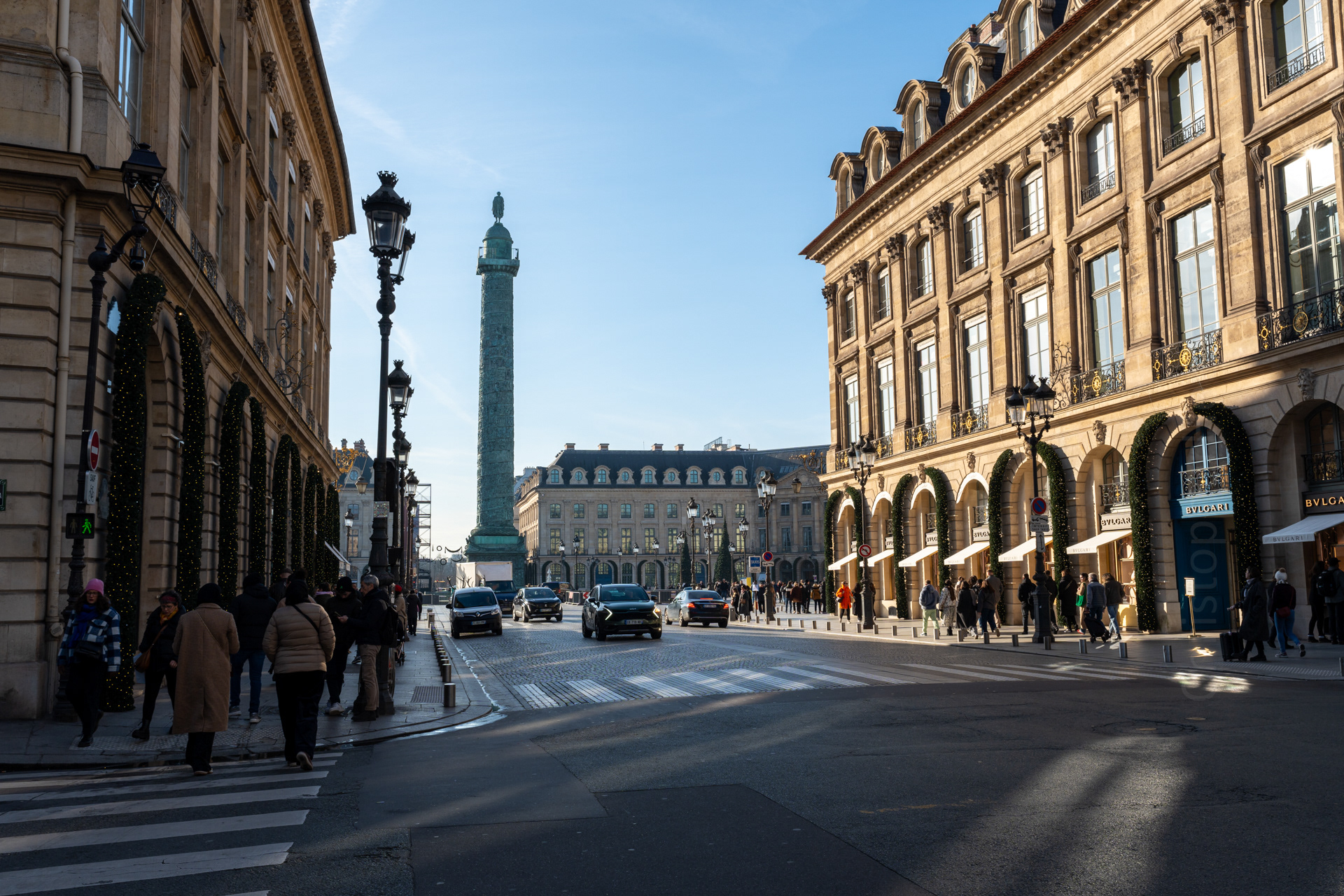 A view of Place Vendôme, at the center of which stands the Colonne Vendôme. The bronze column was commissioned by Napoleon to commemorate his victory at the Battle of Austerlitz in 1805. Modeled after Trajan’s Column in Rome, it the bronze was crafted from cannons captured from the Russian and Austrian armies.