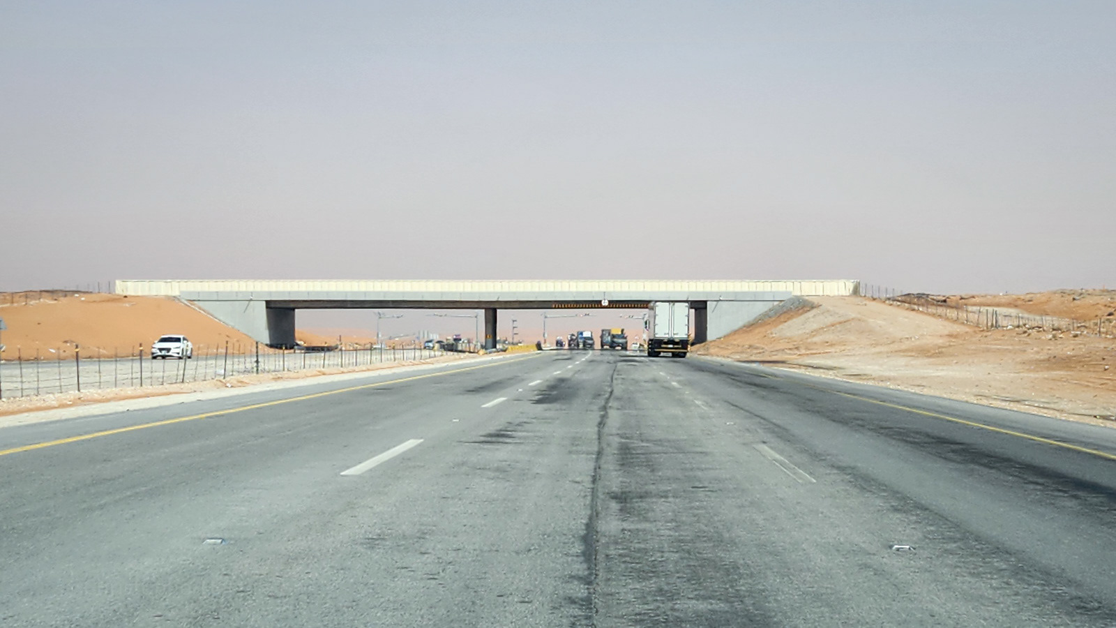 The camel crossing, consisting of an actual bridge across the highway just for camels. The camels roam free-range across the desert in the surrounding area.