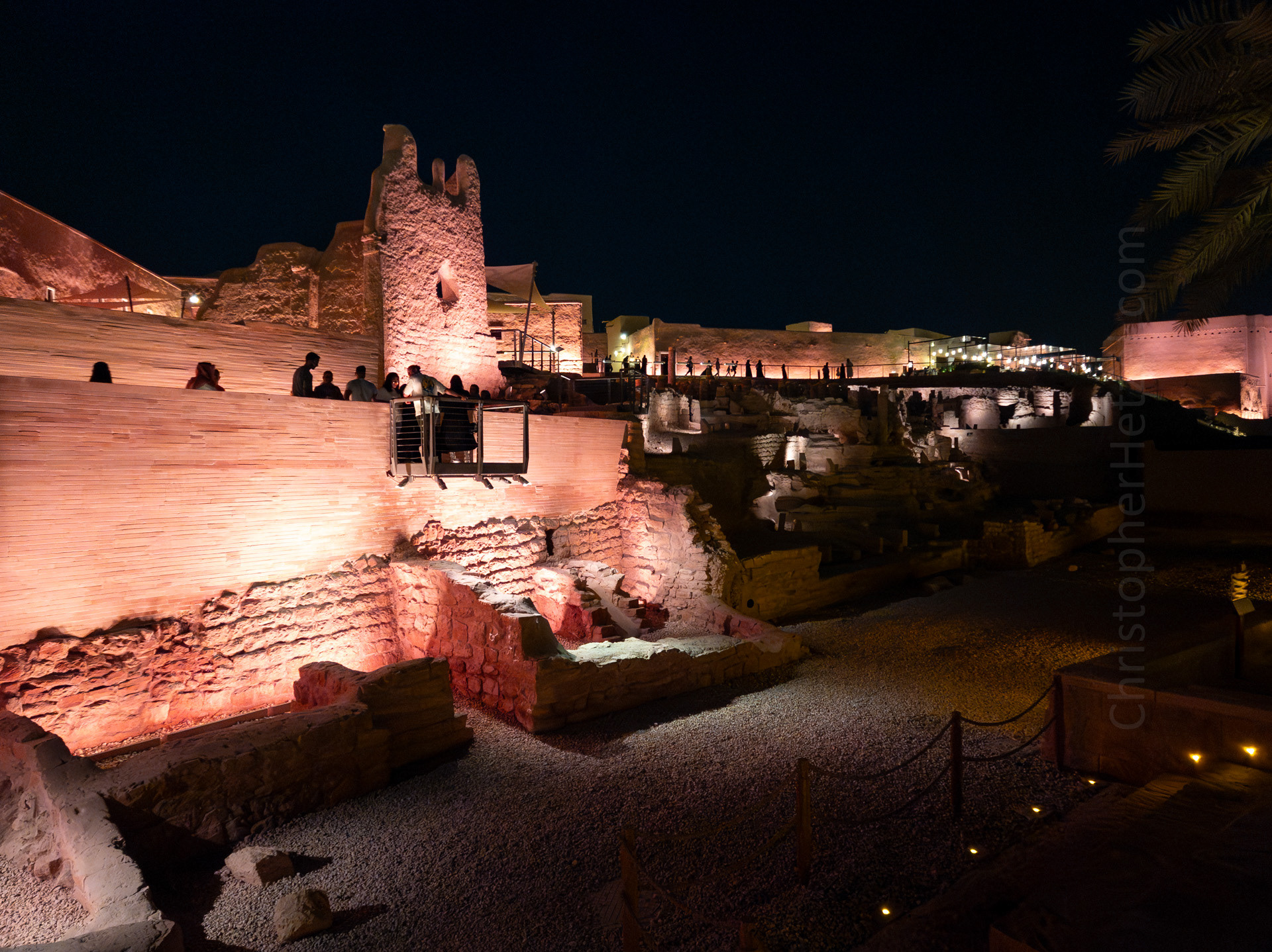 Overlooking the ruins of the At-Turaif Grand Mosque. The tower-like structure is the remains of the mosque's minaret.