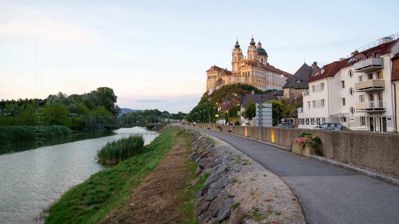 Melk Riverfront with Melk Abbey on the bluff.