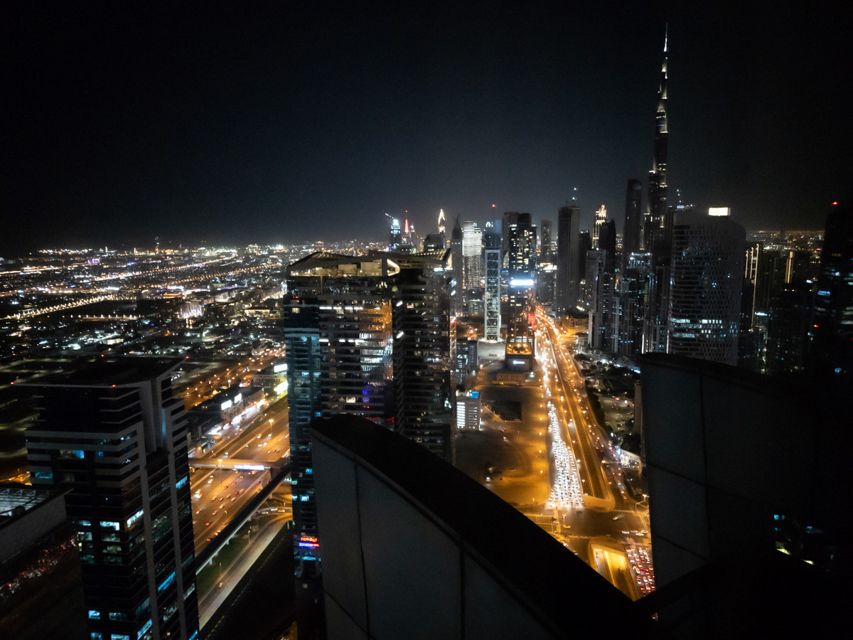 Downtown Dubai and the Burj Khalifa at night.
