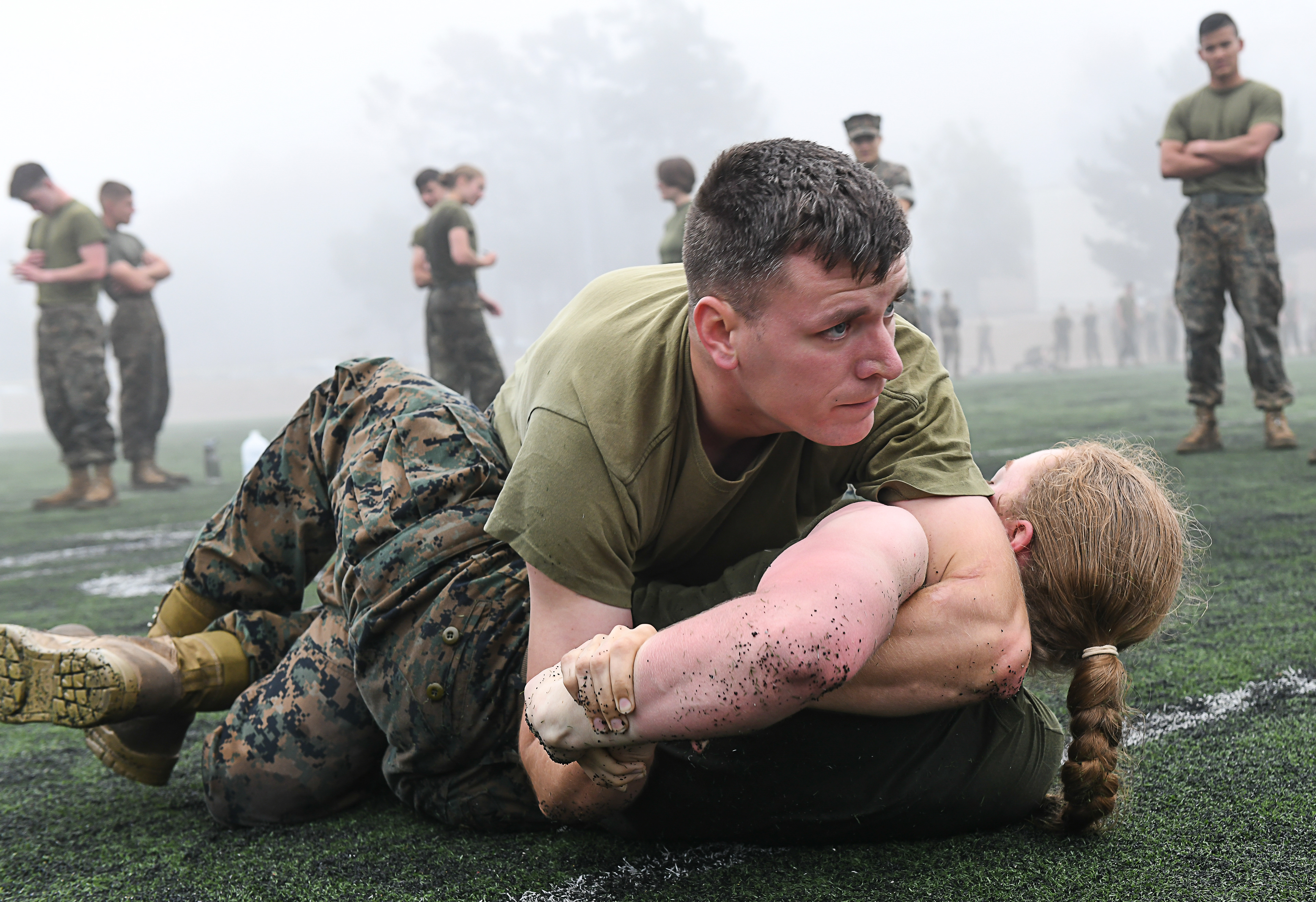 Marines practice ground fighting at the Presidio of Monterey.