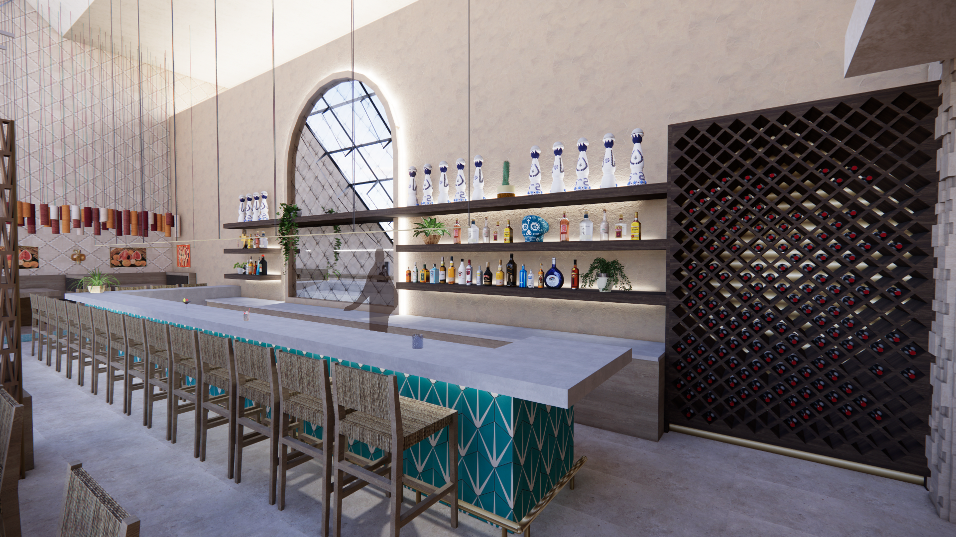 Bar - Clean design showcasing premium tequila's, contrasting dark wood and brass fixtures compliment the space.