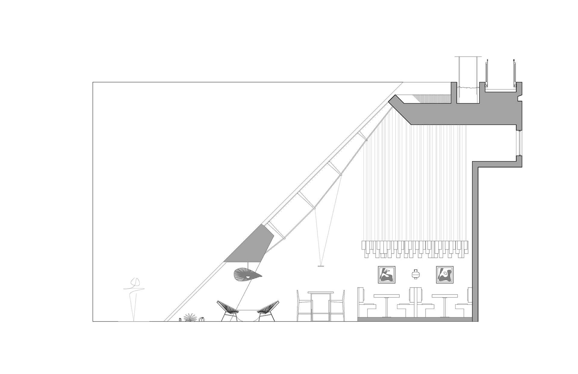 East Section through slanted bar and lounge building.