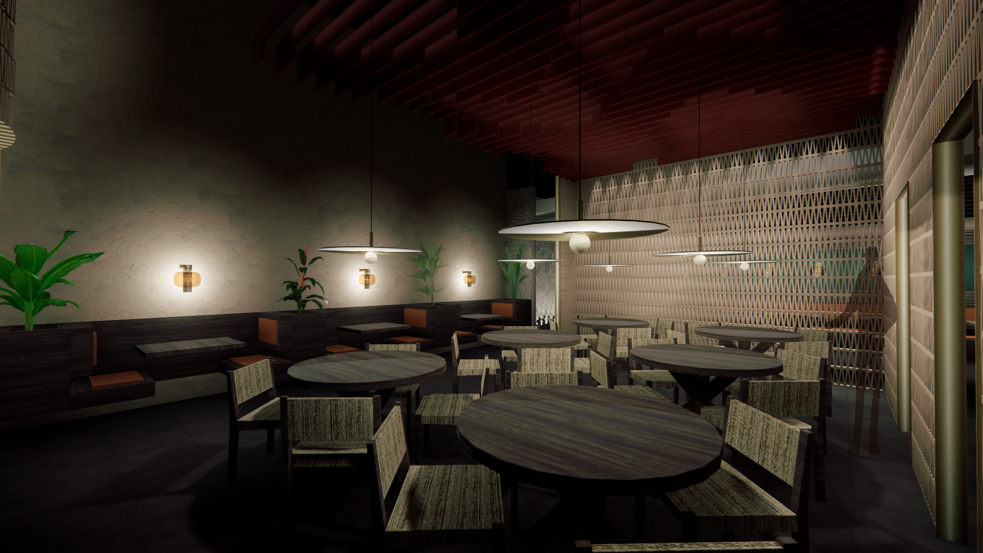 Dining Space - A moody area with overhead acoustic slats in Aztec patterns, the tables are complimented with brass lighting fixtures.