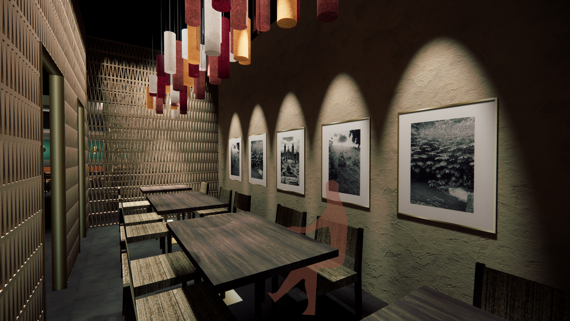 Back Room - A reconfigurable area for up to 12 people surrounded by breeze bricks, and carrying over acoustical baffles with lighting dispersed throughout.