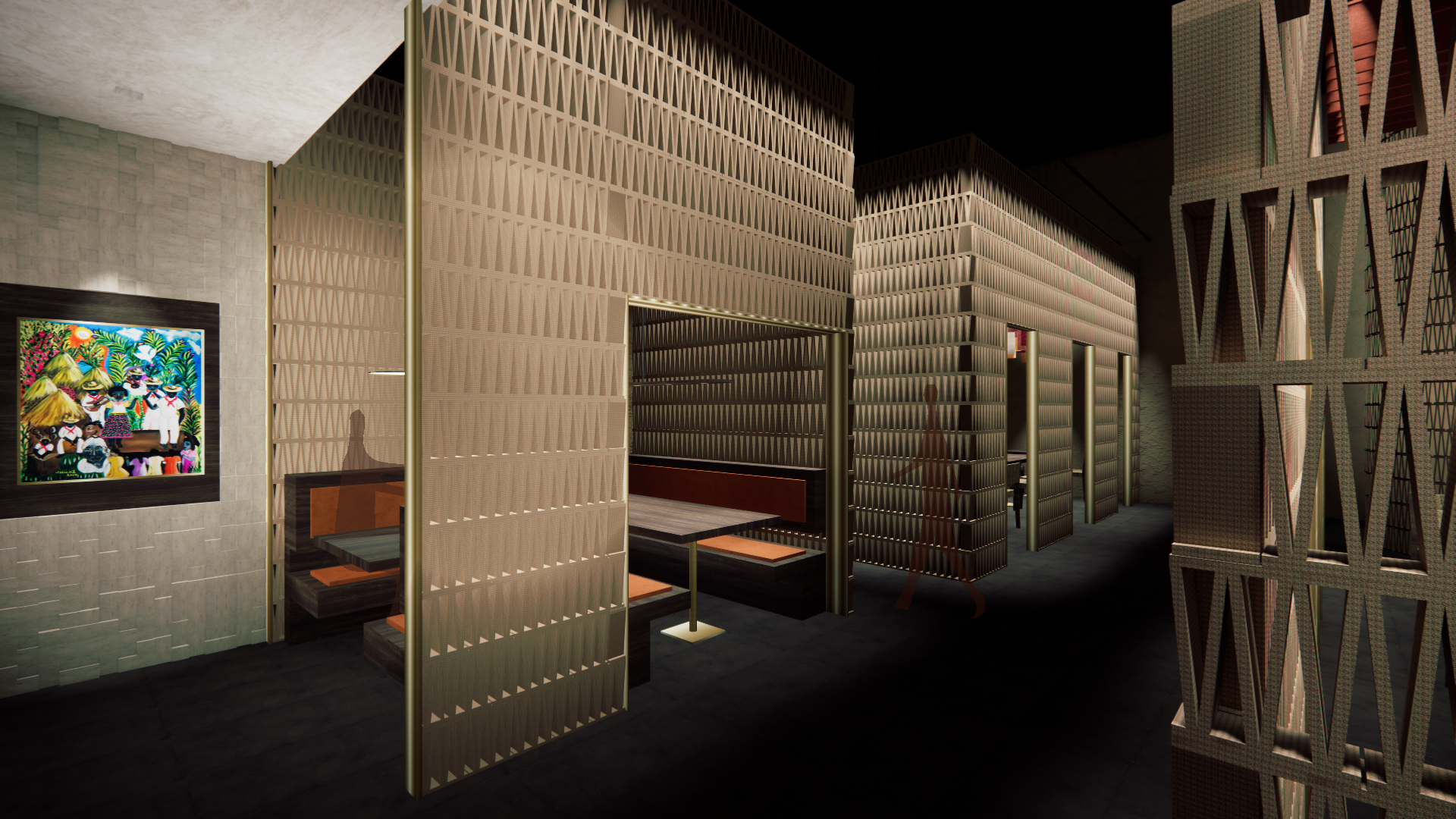 Circulation - Highlighting the breeze bricks used throughout the restaurant providing interest through its implied texture via light grazing.