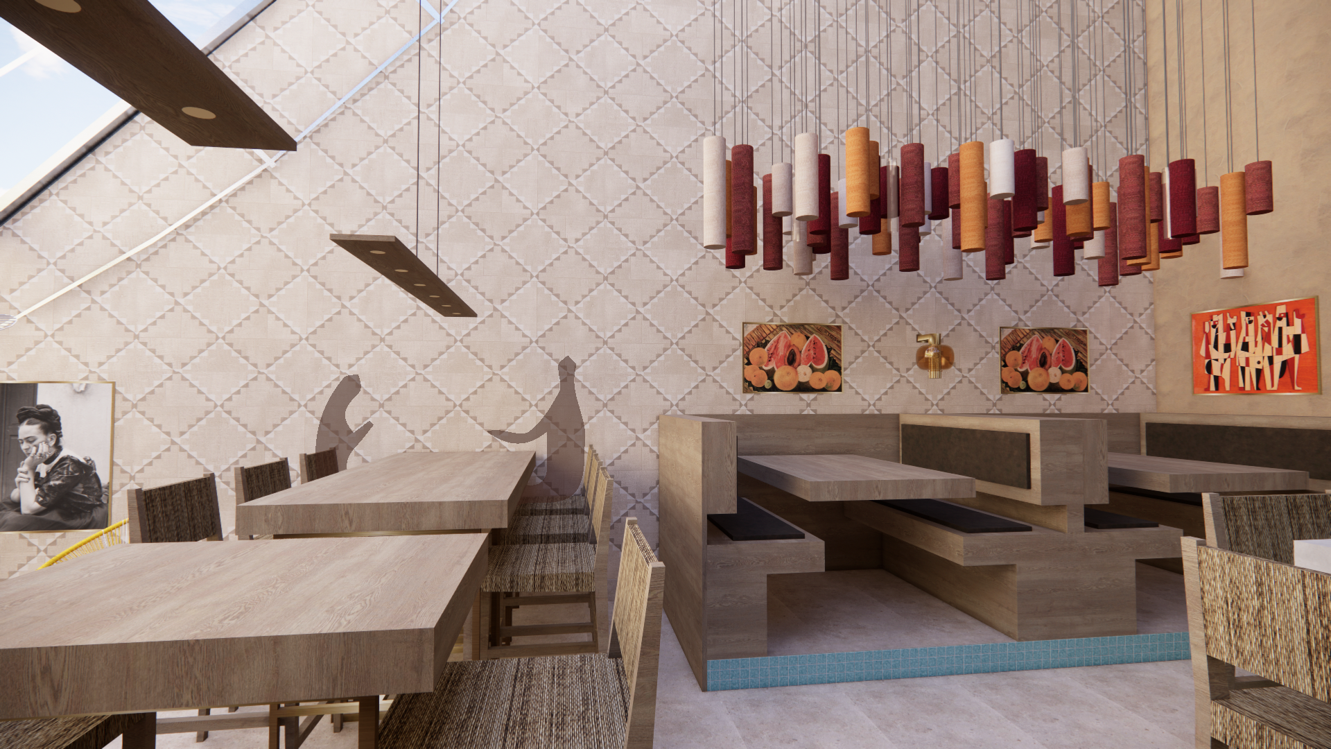 Bar height tables & Booth - Light colours, Mexican motifs, Art from Mexican artists and photographers.