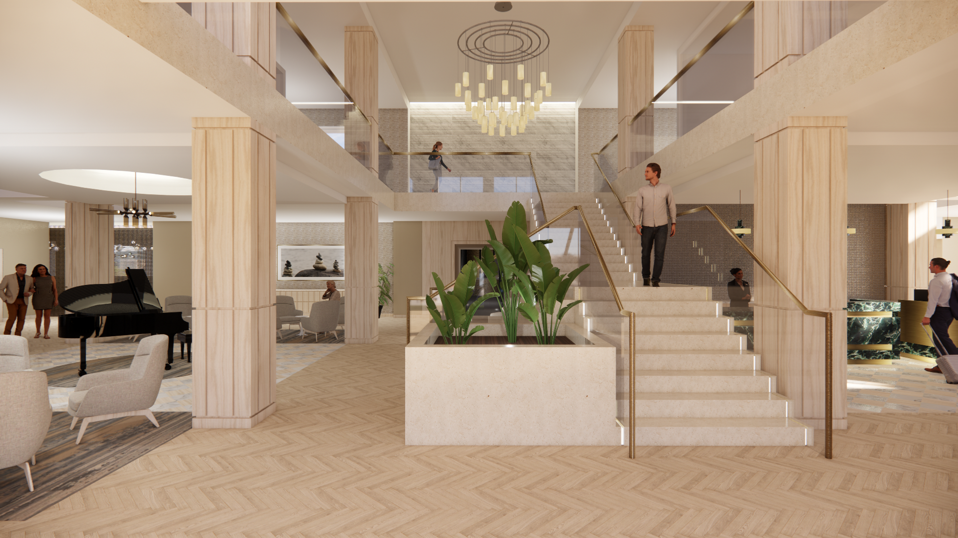 The Entry | Double volume grand stair, Piano Lounge, Reception