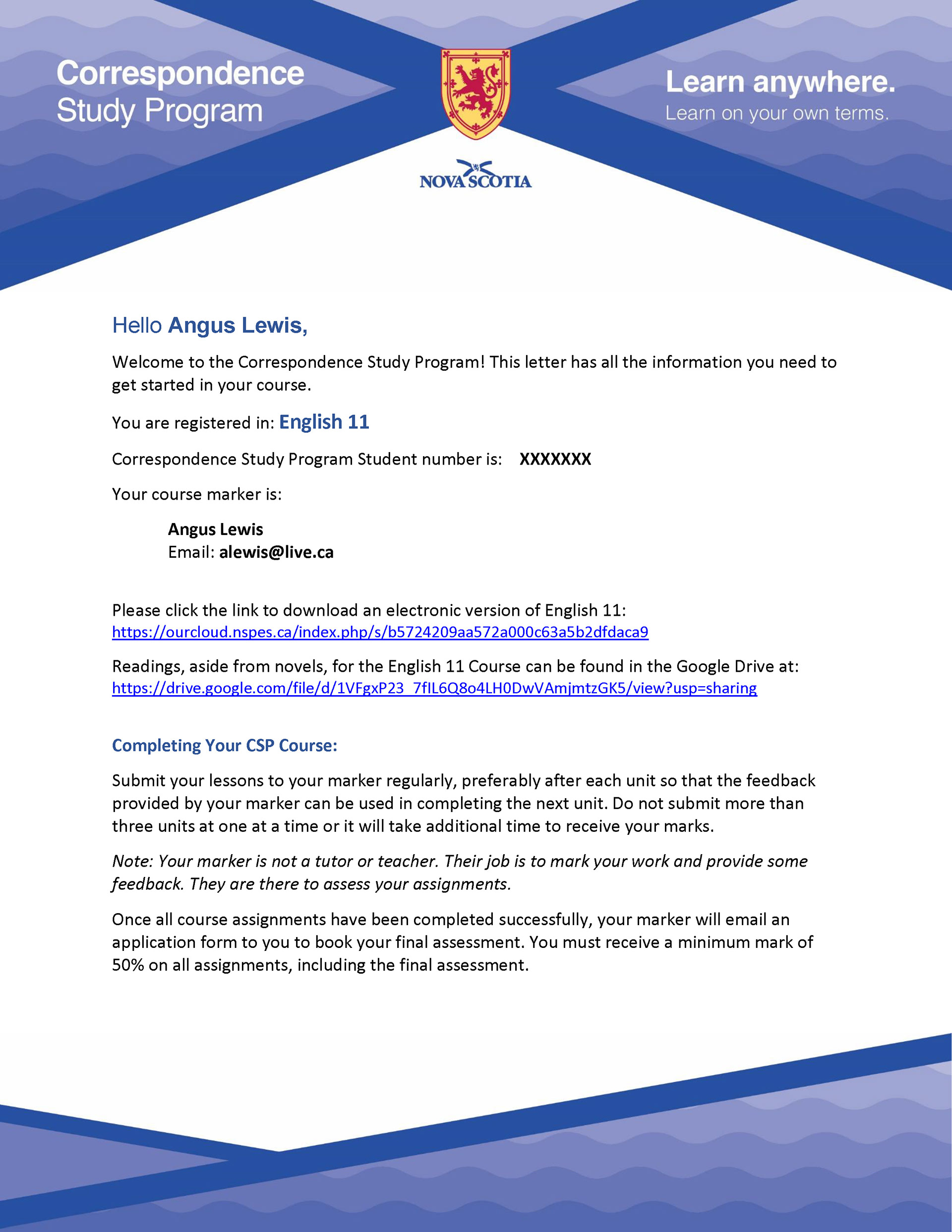 Correspondence Study Program welcome letter template, Page 1