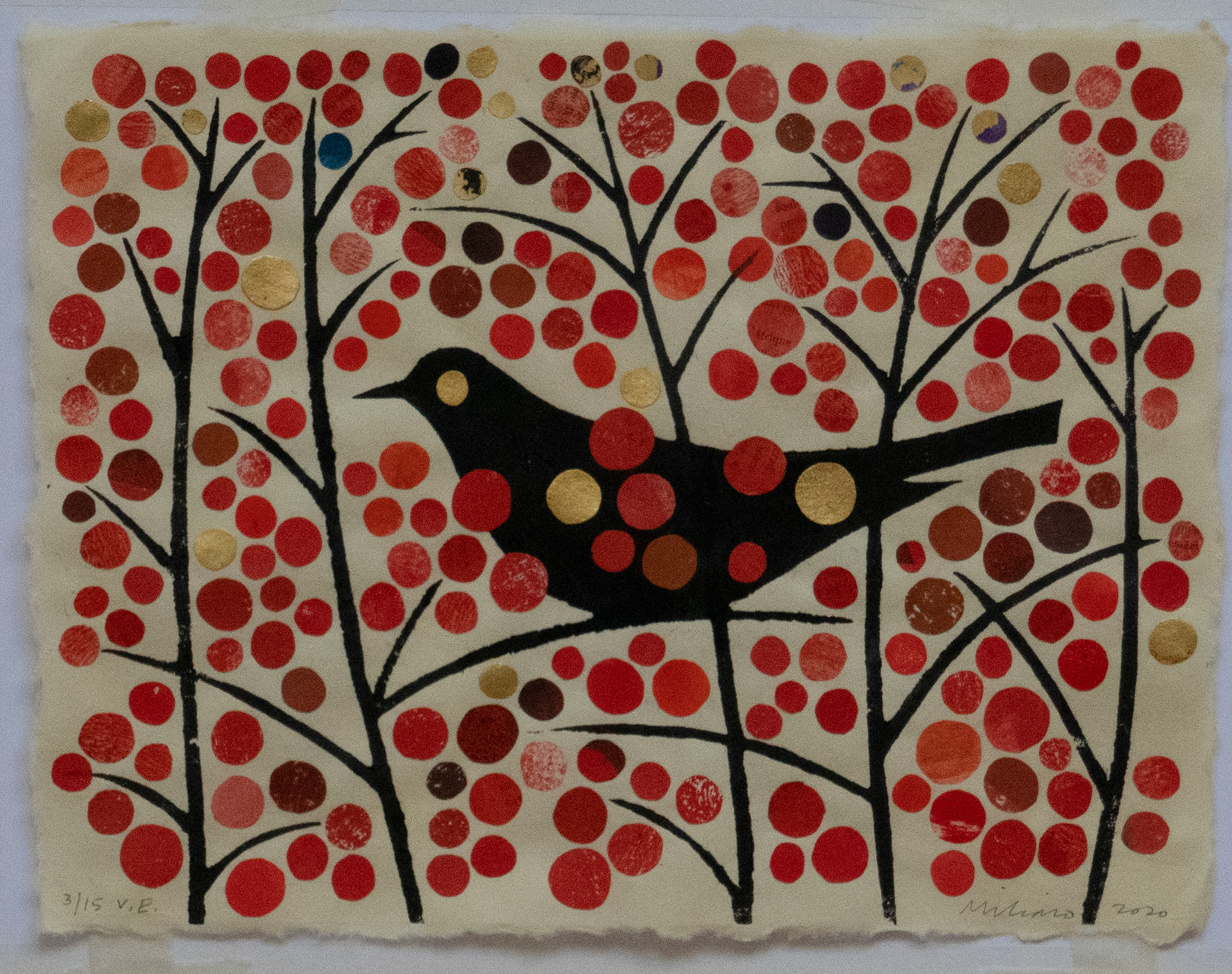 Winter Blackbird, Mokuhanga print with added collage and gold leaf, 3/15 V.E. 2020