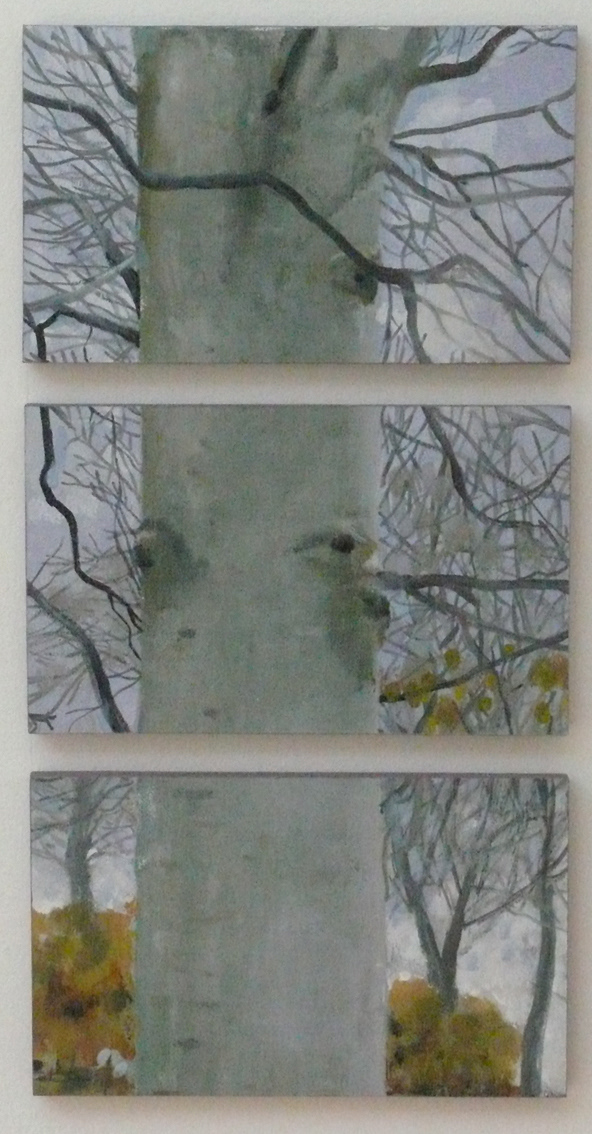 Prelude, Trees, Oil on paper mounted on three panels.