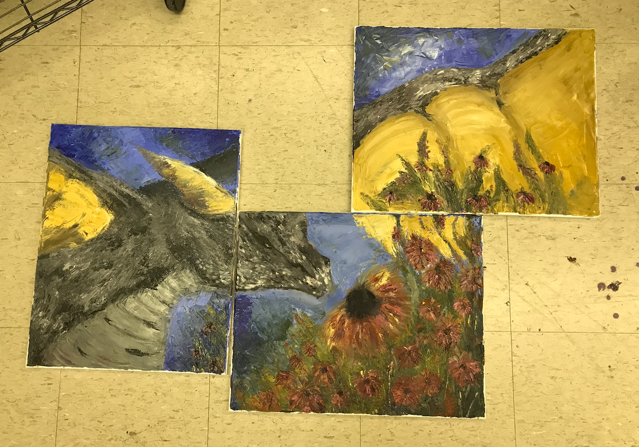 3 piece canvas oil painting, a dragon smelling a flower.