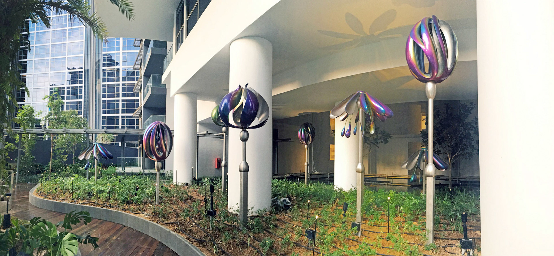 Flora . Kinetic Landscape Elements . Forged Stainless Steel & Titanium-Plating . 2016