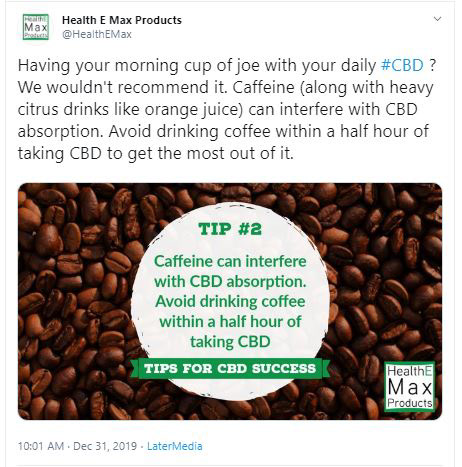 Tweet for Health E Max, a CBD company. They want to build their brand through education on CBD. I created the graphic for the post and wrote the copy.