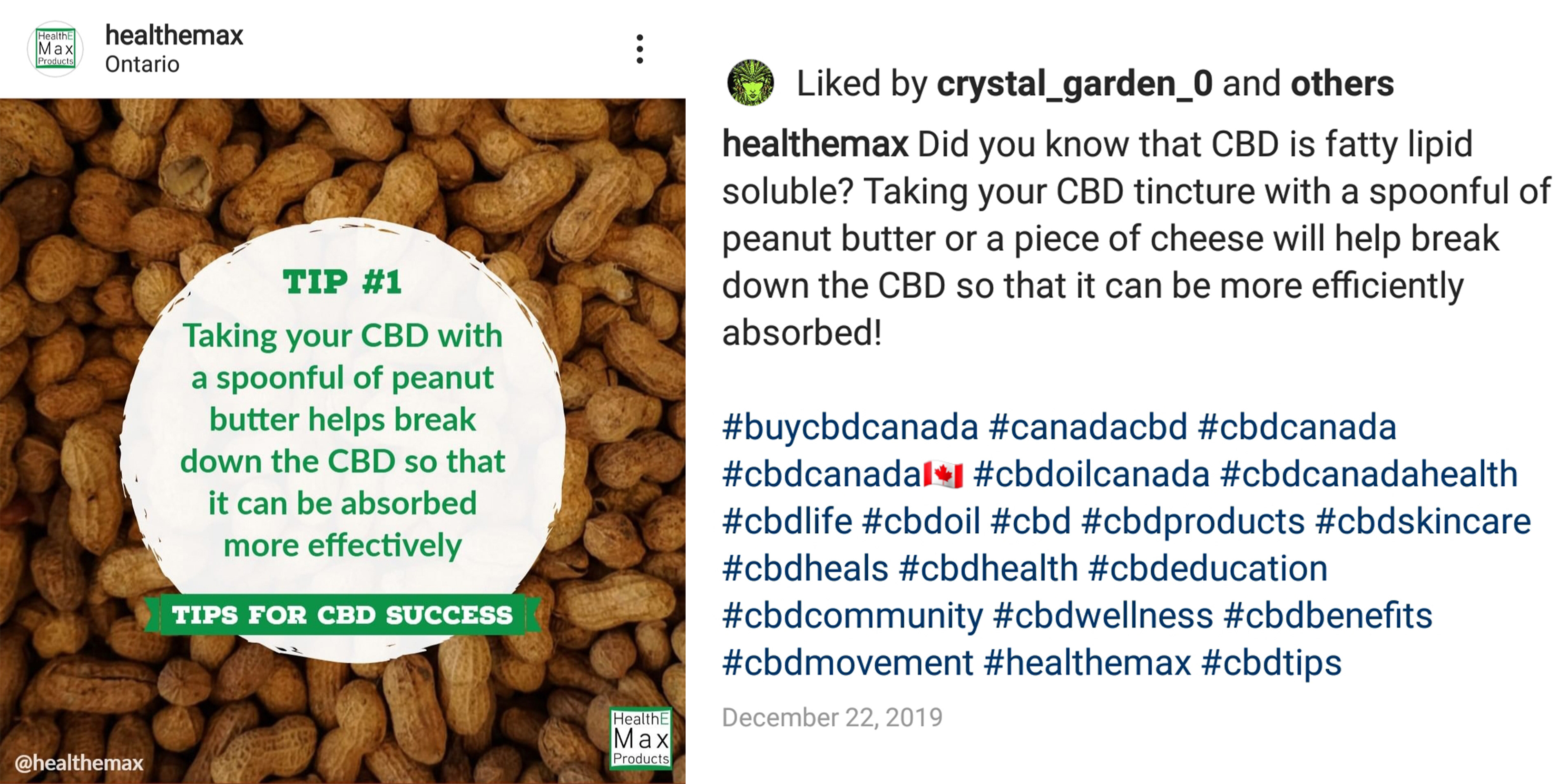 Instagram post for Health E Max, a CBD company. They want to build their brand through education on CBD. I created the graphic for the post and wrote the copy.