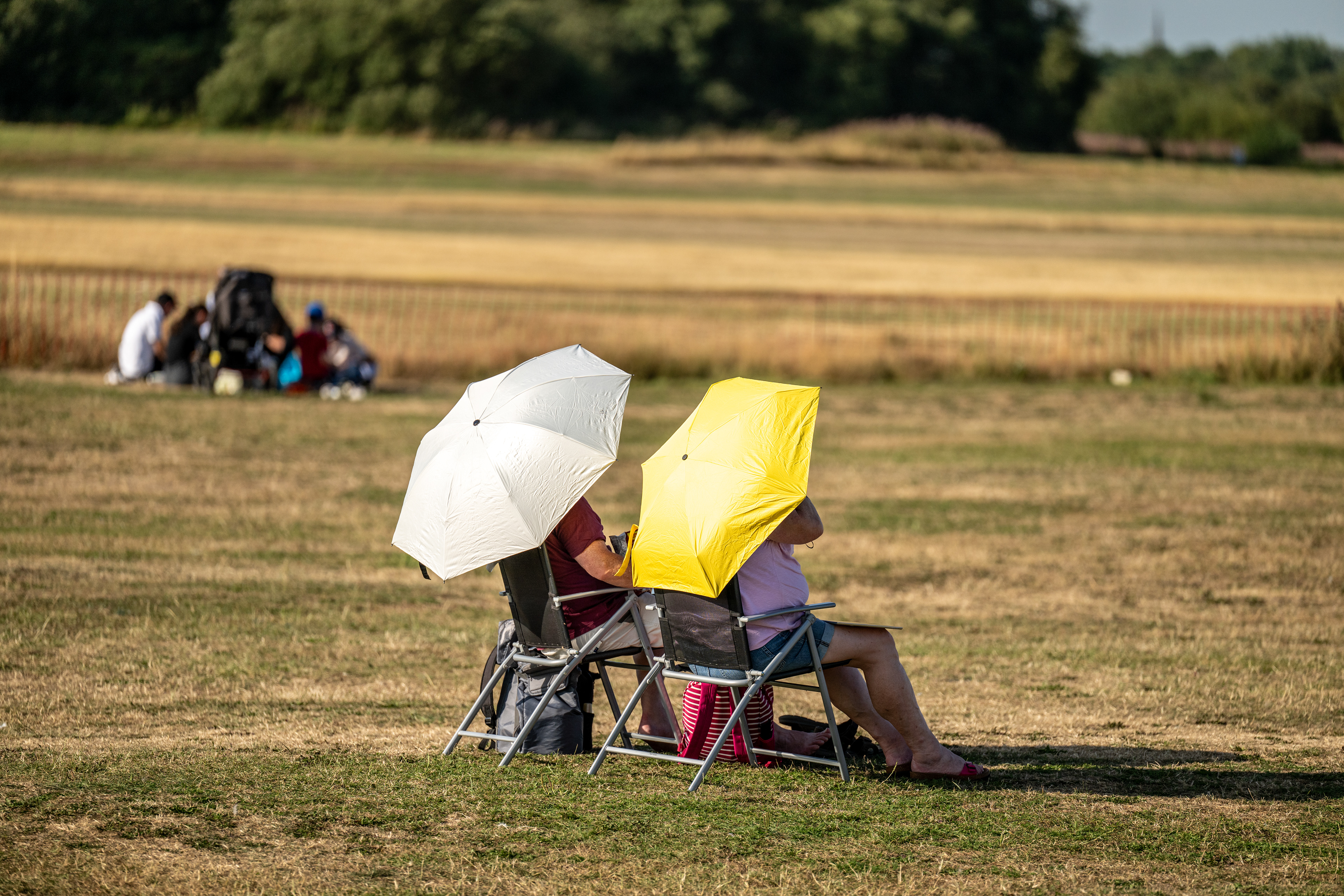 Two peole taking shade from the sun