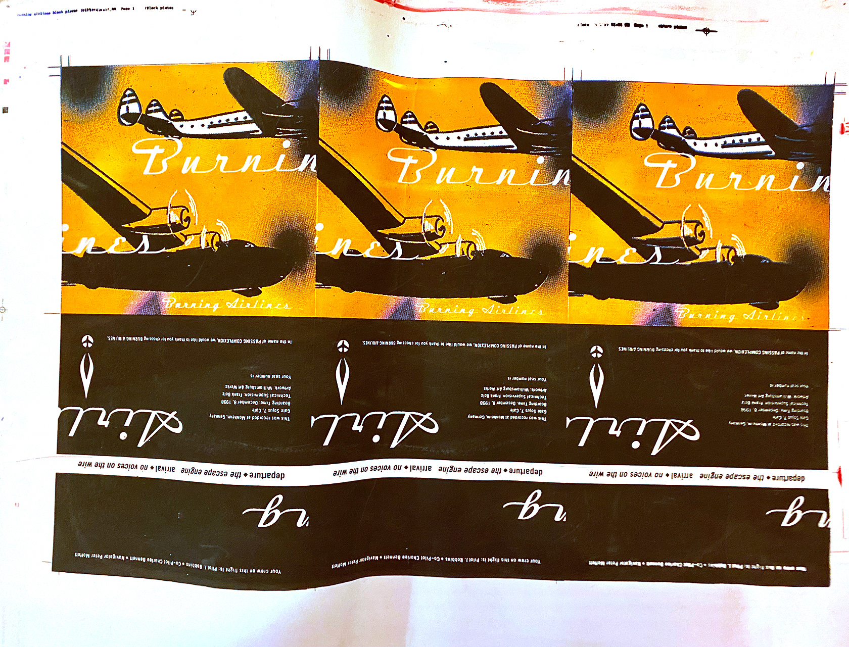 Pre-cut sheet of three 4/c silkscreen single covers for Burning Airlines