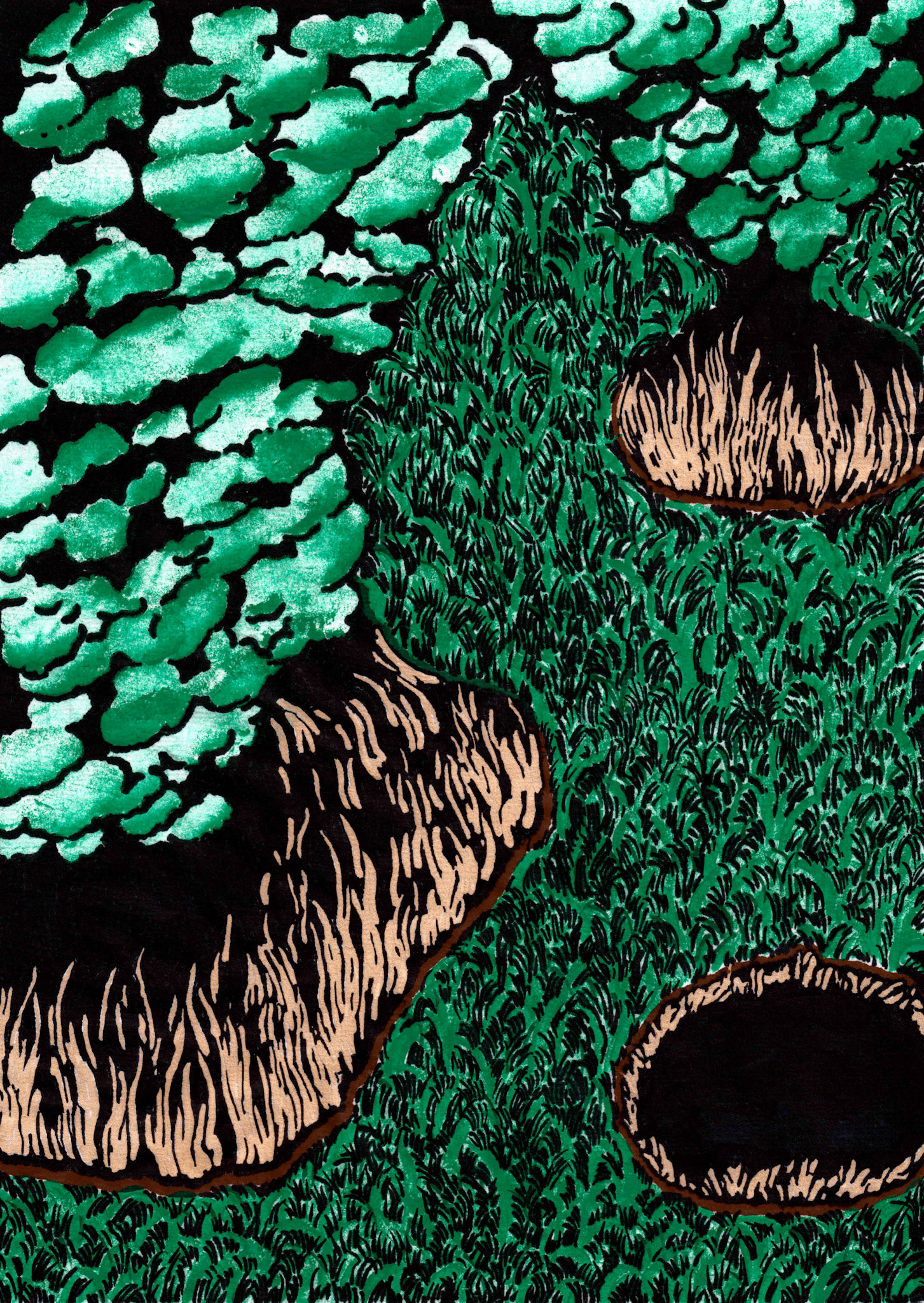 green pool W11, 2020, ink and marker on hanji, 21.0 x 29.7cm