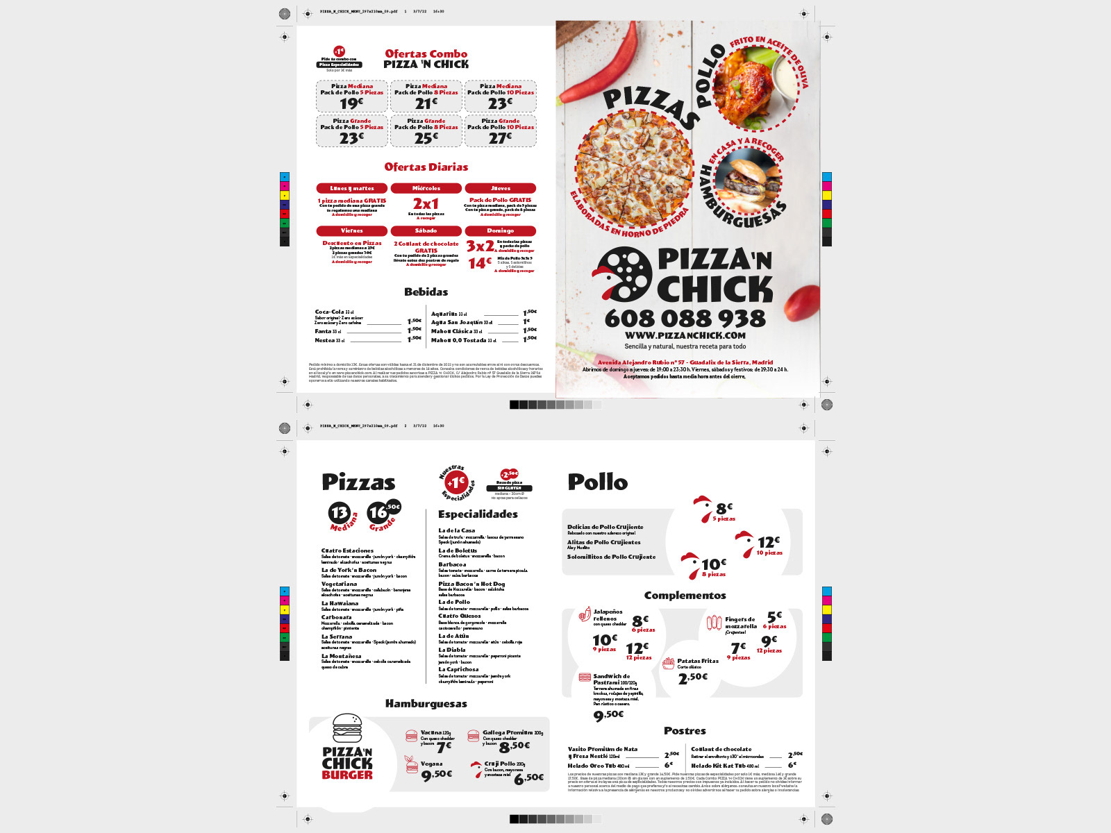 Menú papel PIZZA 'N CHICK, díptico A4
