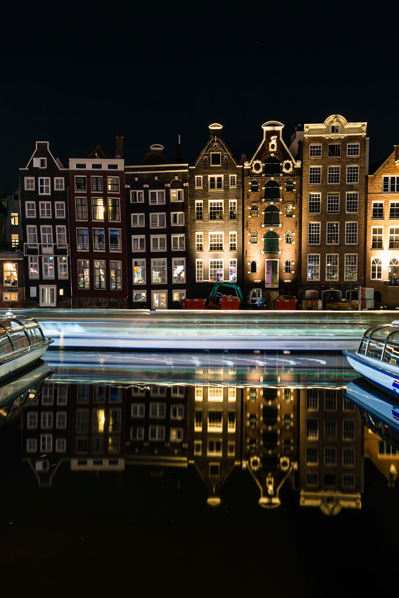 The Rederij Plas dock after sunset in Amsterdam.