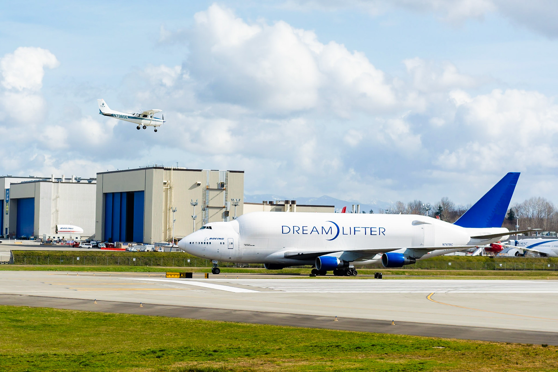 EVERETT, WASHINGTON - MARCH 4. 2020: A Boeing 747-400 Large Cargo Freighter (LCF), known as 'Dreamlifter' is arriving with parts for the Boeing 787 program.
