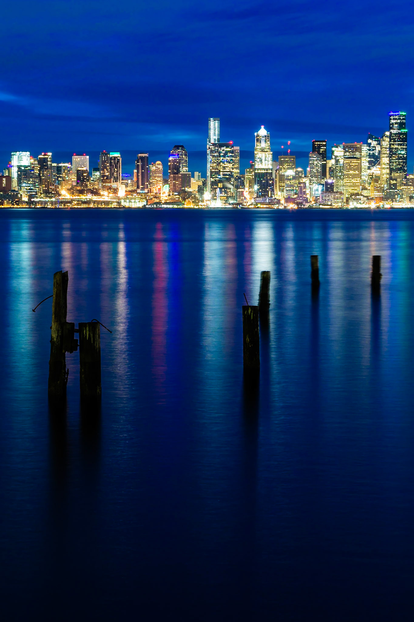 Sunrise in Seattle, Washington State, viewed from Seacrest Park across the bay to Downtown.