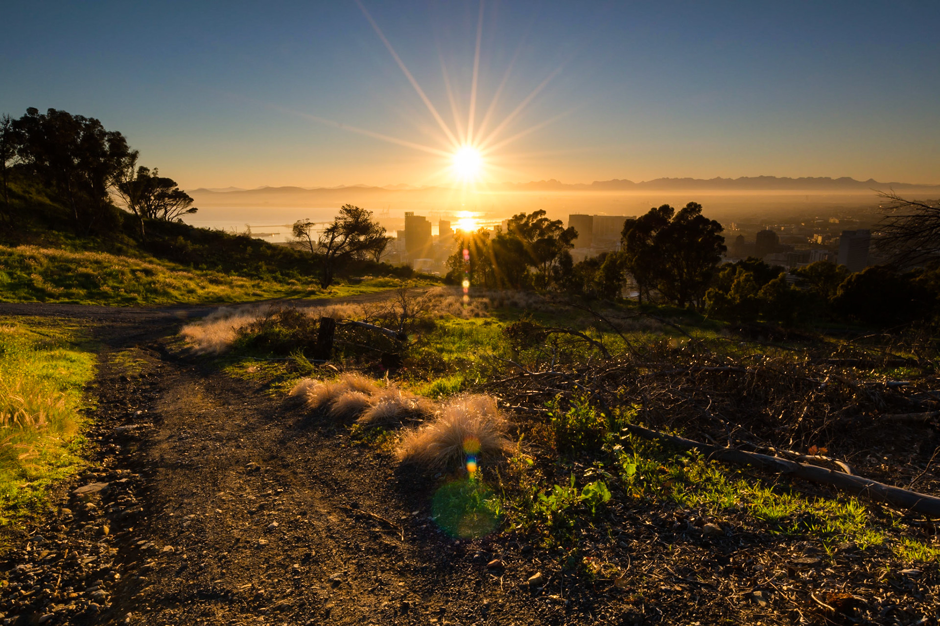 A beautiful sunrise over Cape Town, viewed from one of the paths on the side of Signal Hill