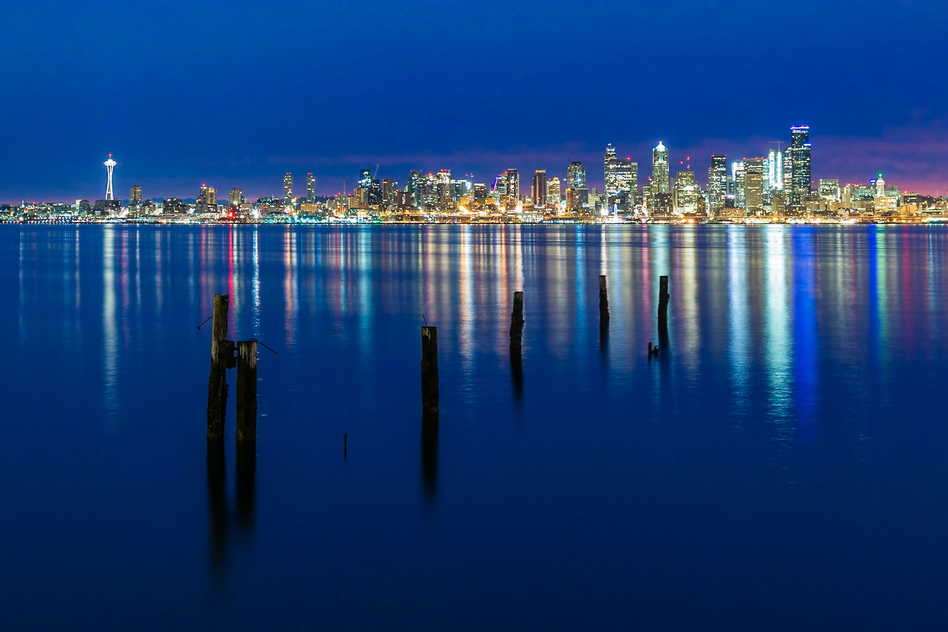 Captured from Seacrest Park in West Seattle, the bay is calm as the city awakes.