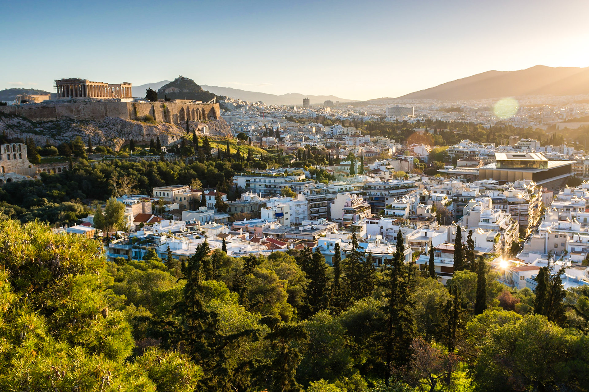 Sunrise over Athens, Greece, viewed from Philopappos Hill.
